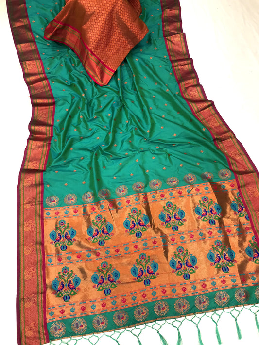 Rama color paithani silk saree with blouse online
