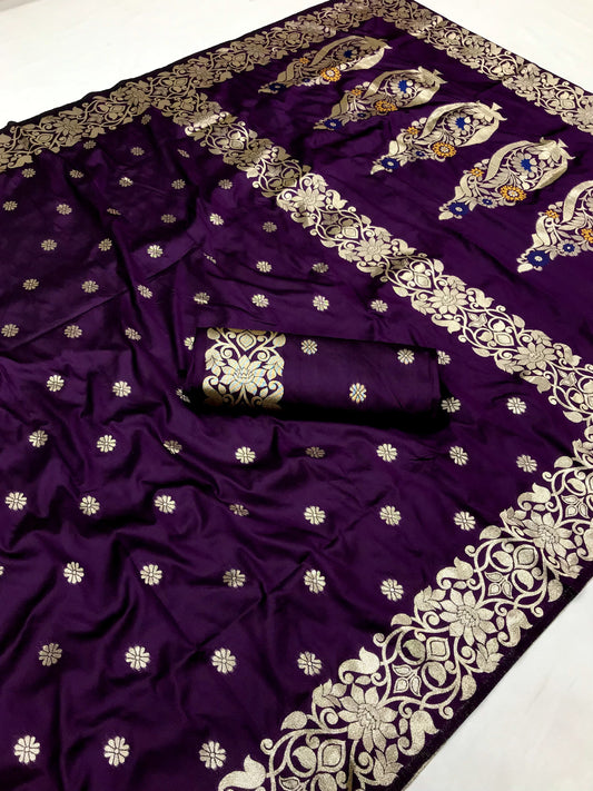 Wine color banarasi silk saree for women