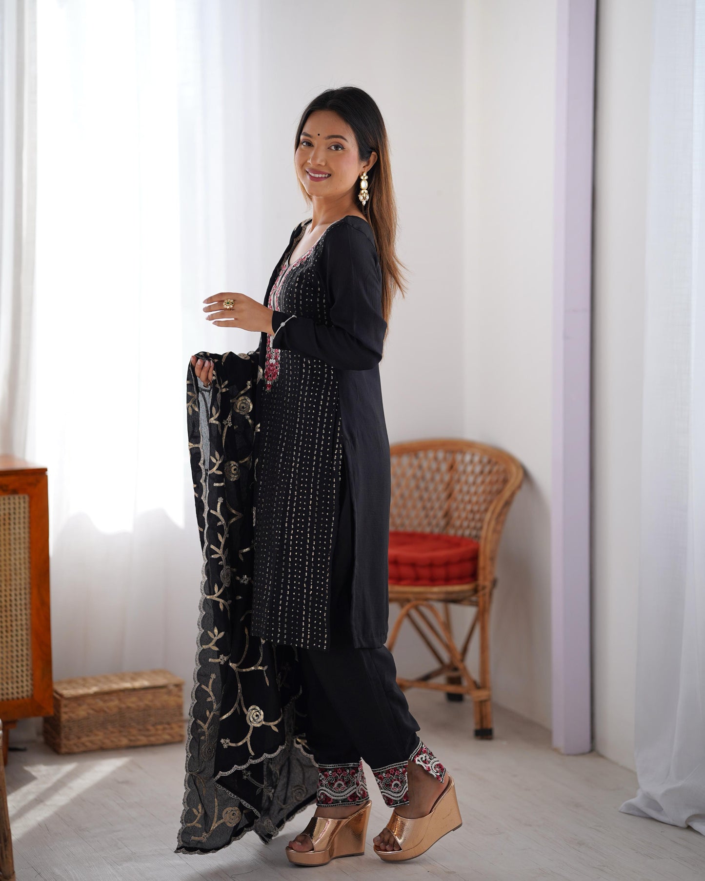 Black color chinon silk salwar suit for wedding