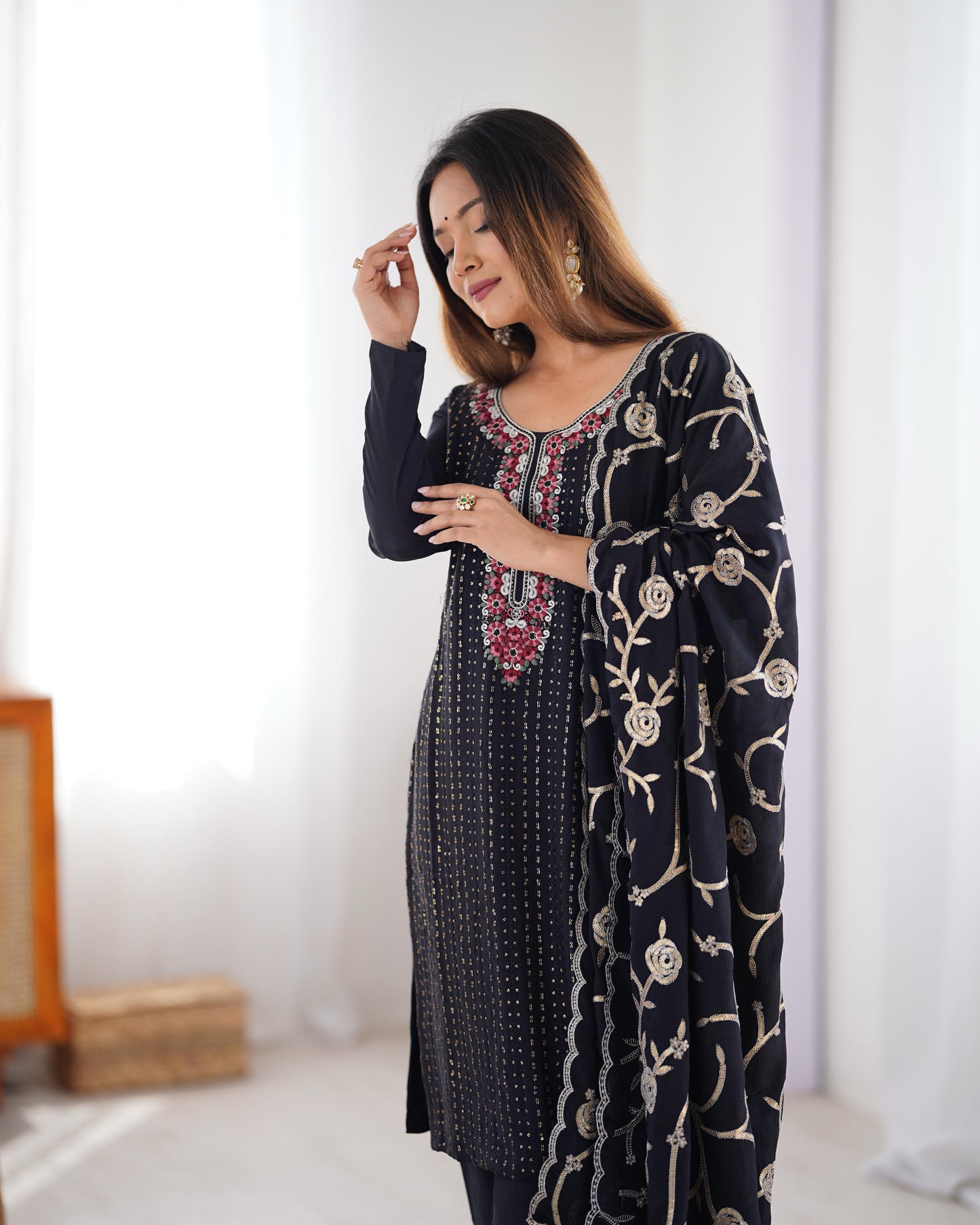 Black color chinon silk salwar suit with dupatta online shopping