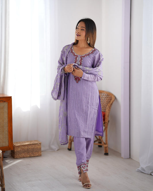 Lavender color chinon silk salwar suit for party