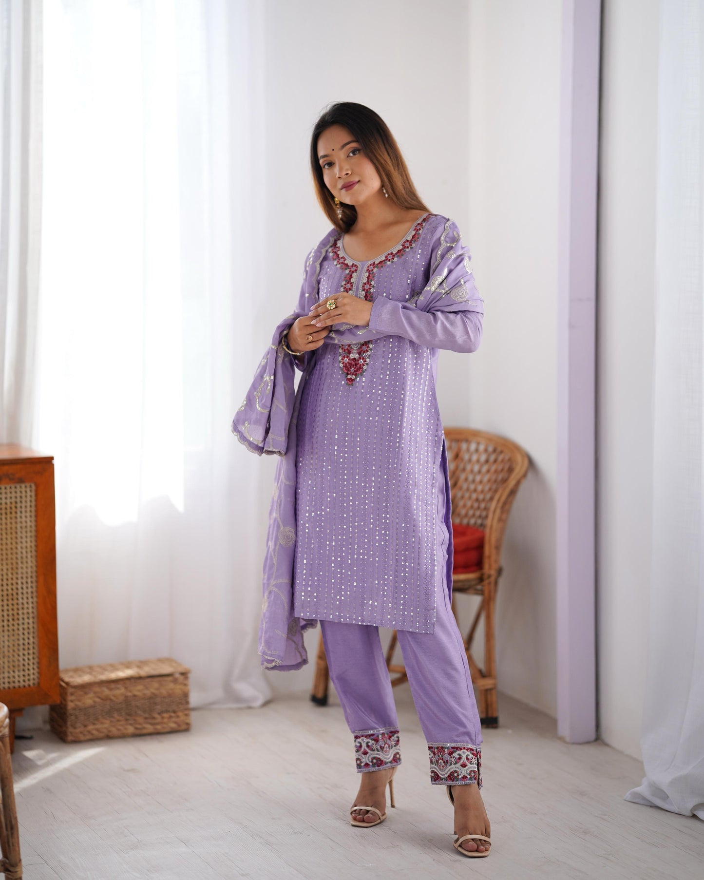 Lavender color chinon silk salwar suit with price