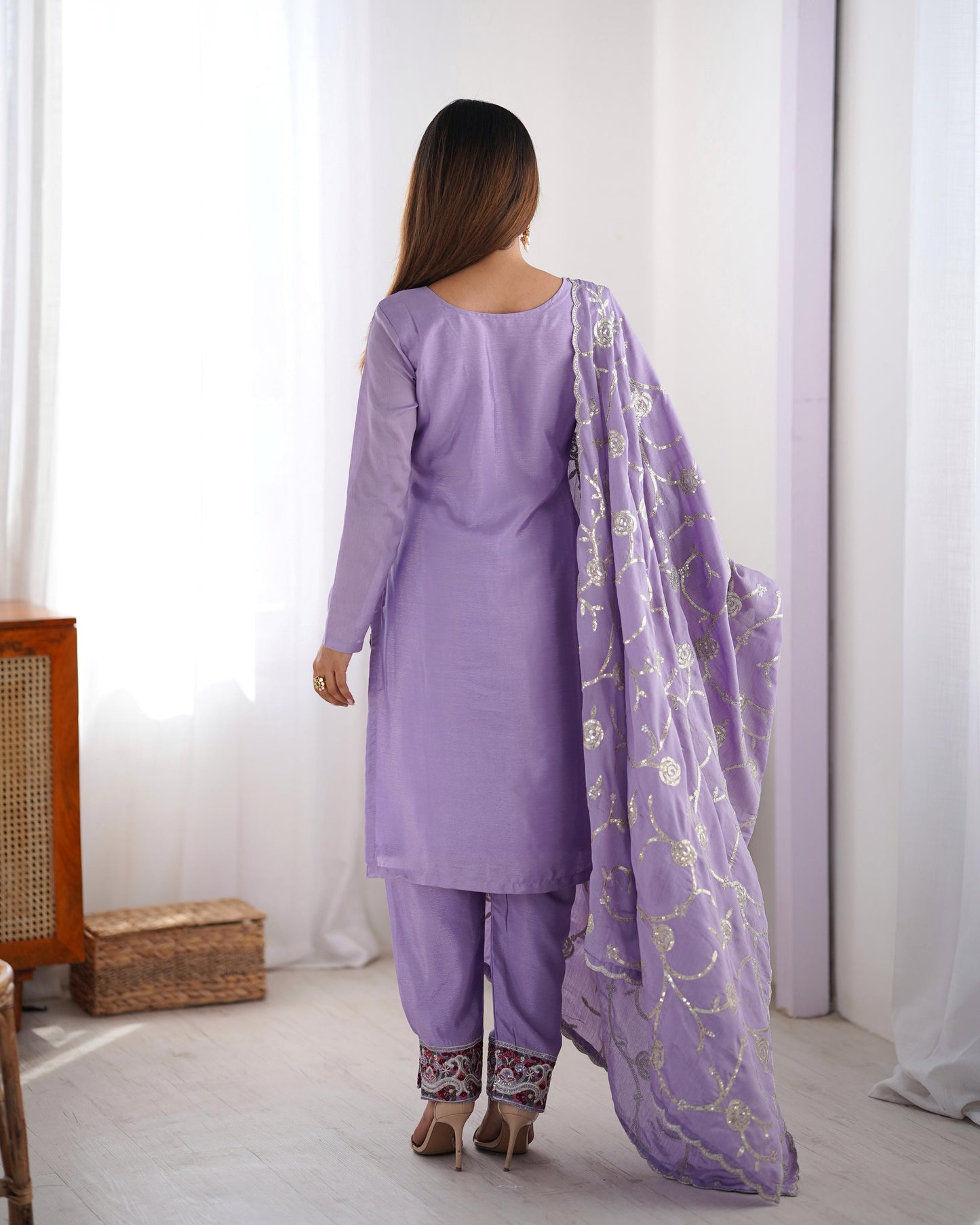 Lavender color chinon silk salwar suit with price