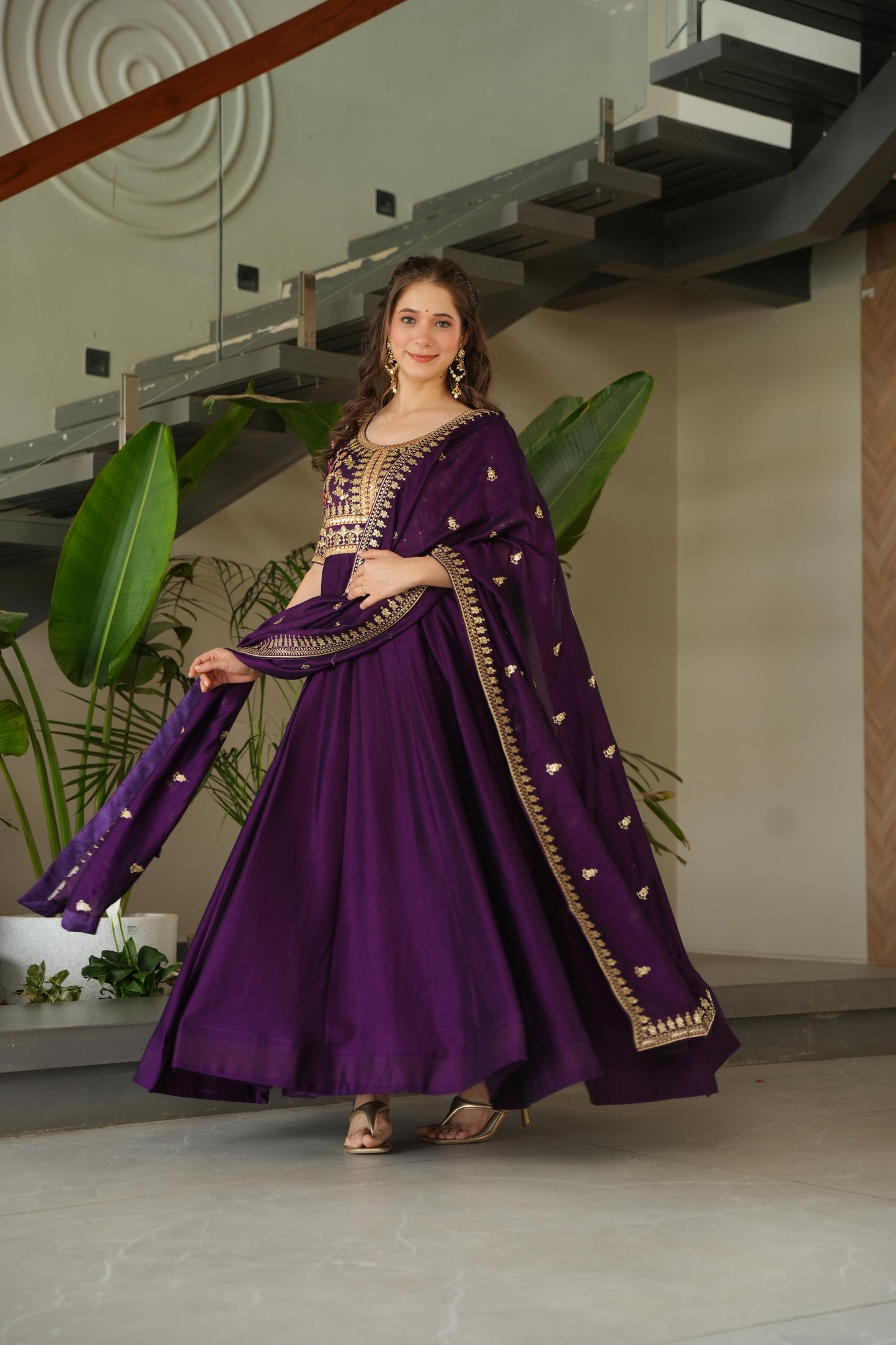 Purple color vichitra silk gown with dupatta images