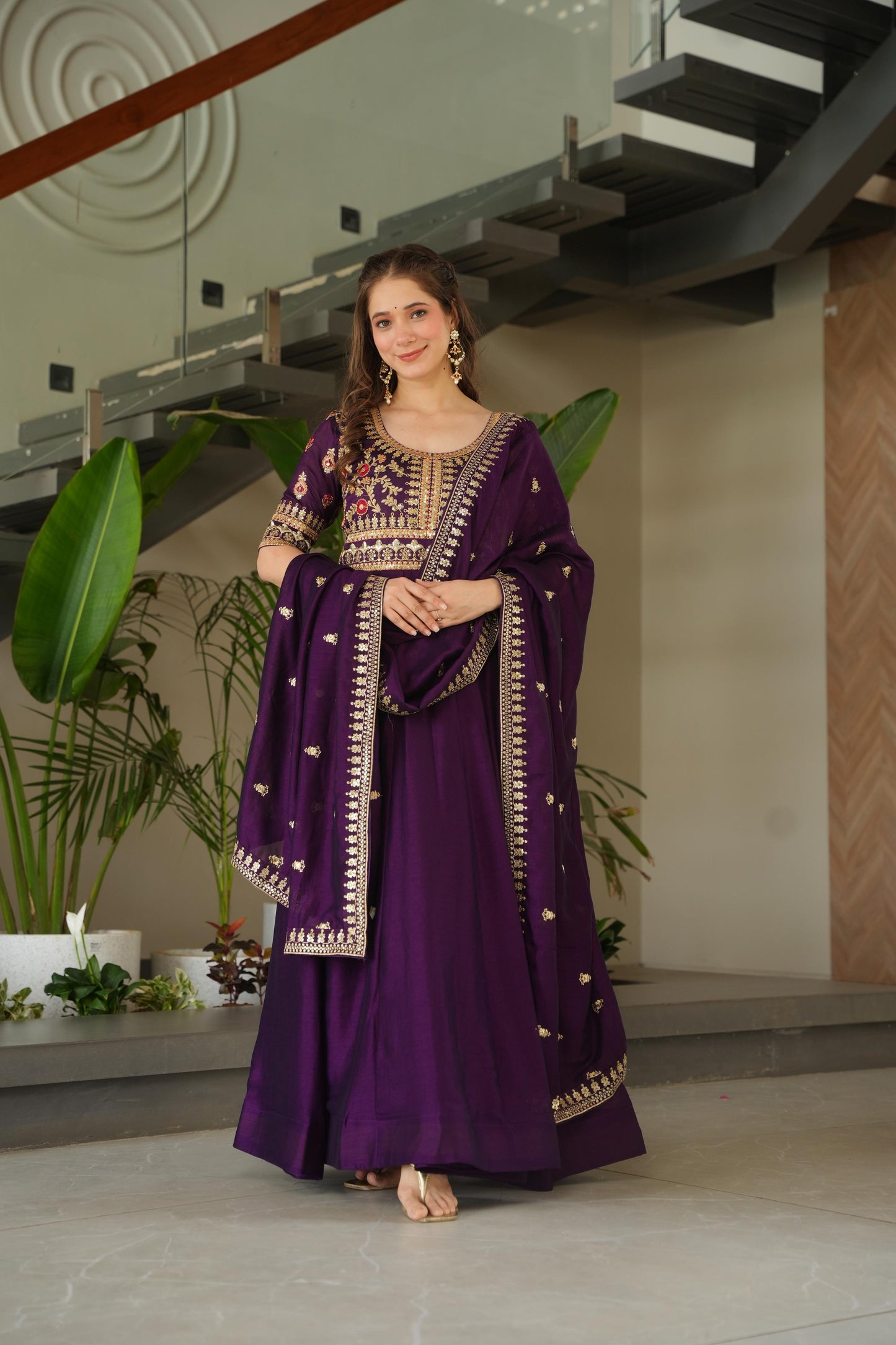 Purple color vichitra silk gown for party