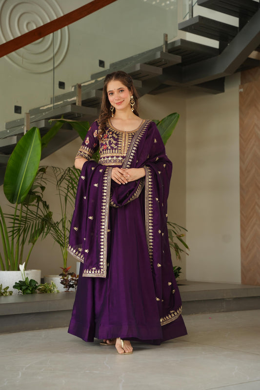 Purple color vichitra silk gown for party