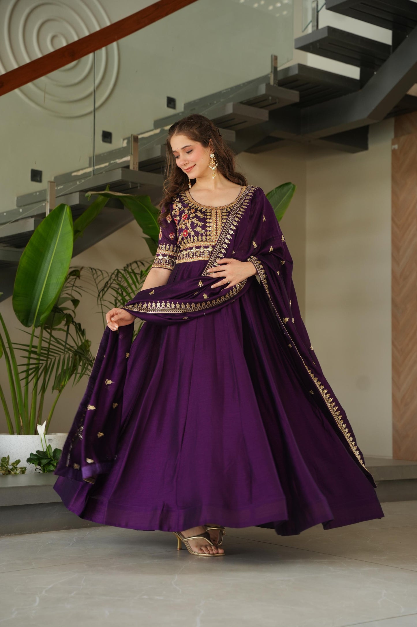 Purple color vichitra silk gown with dupatta price