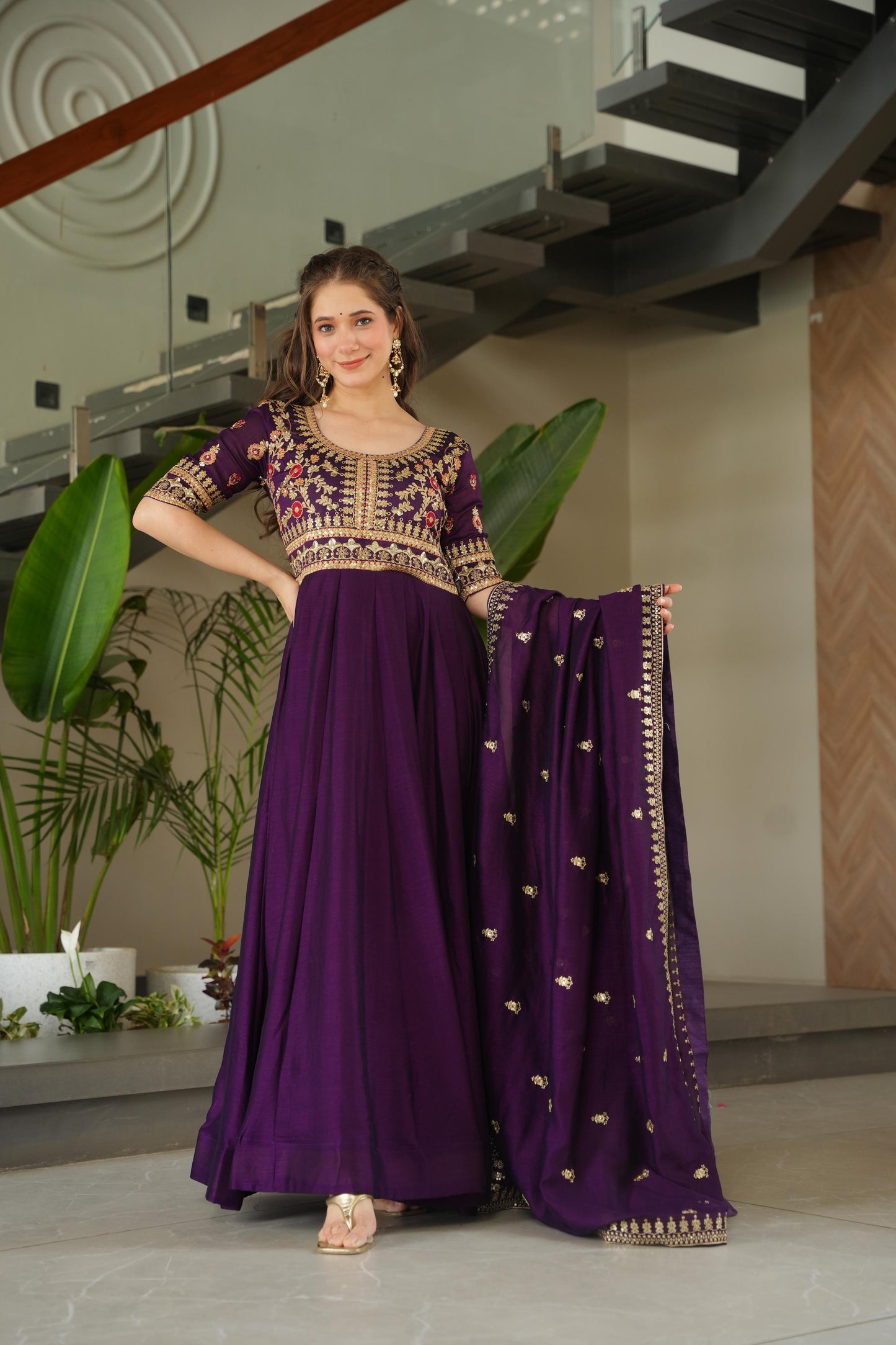 Purple color vichitra silk gown with dupatta online