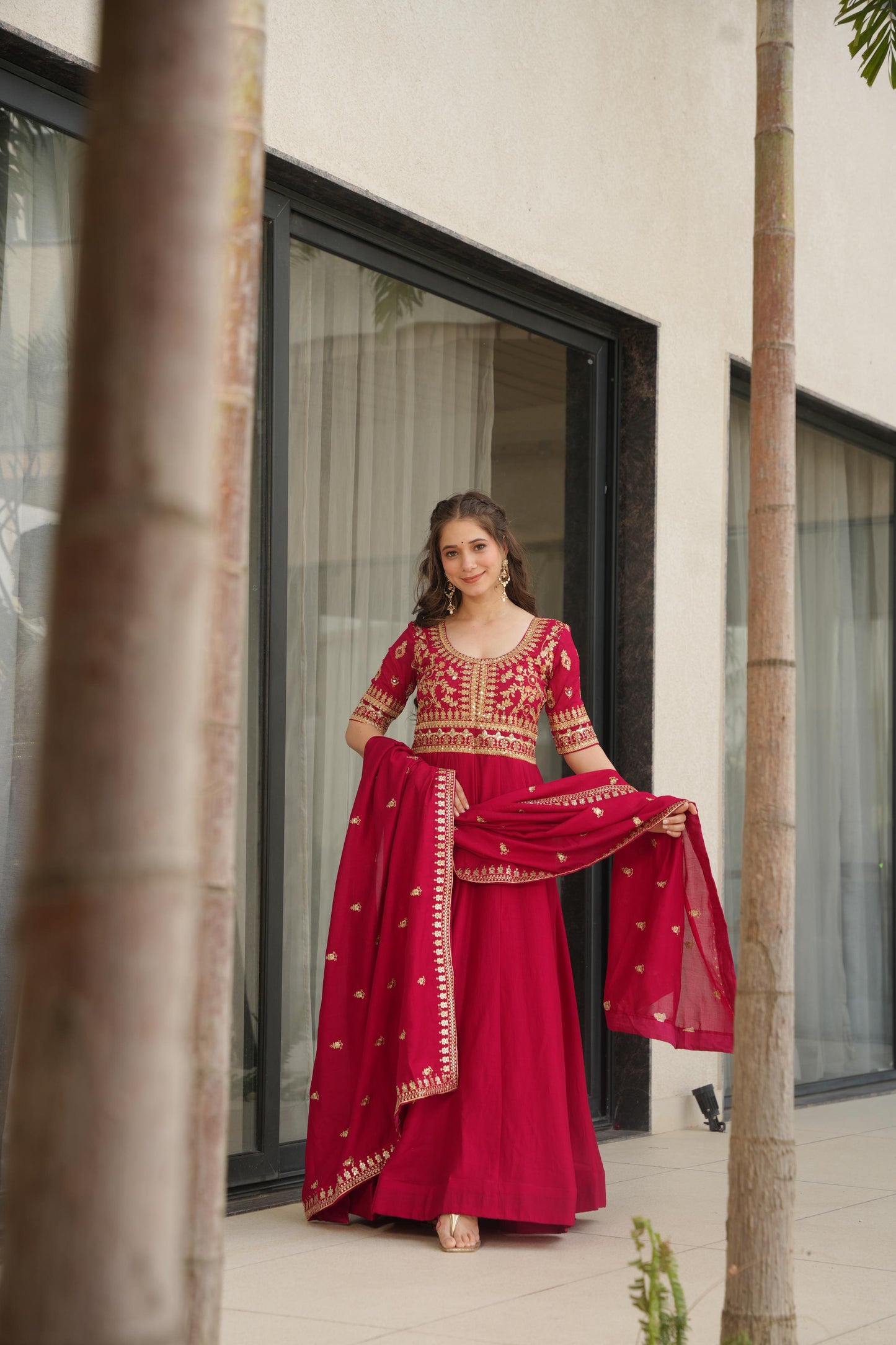 Pink color faux blooming gown for women