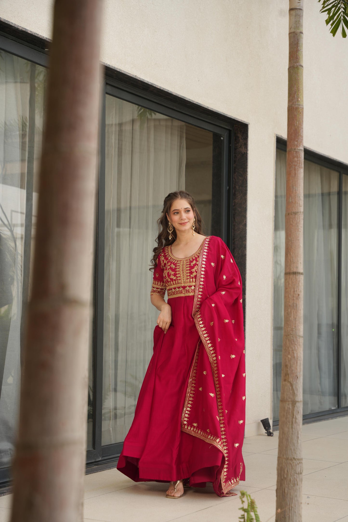 Pink color faux blooming gown with dupatta price