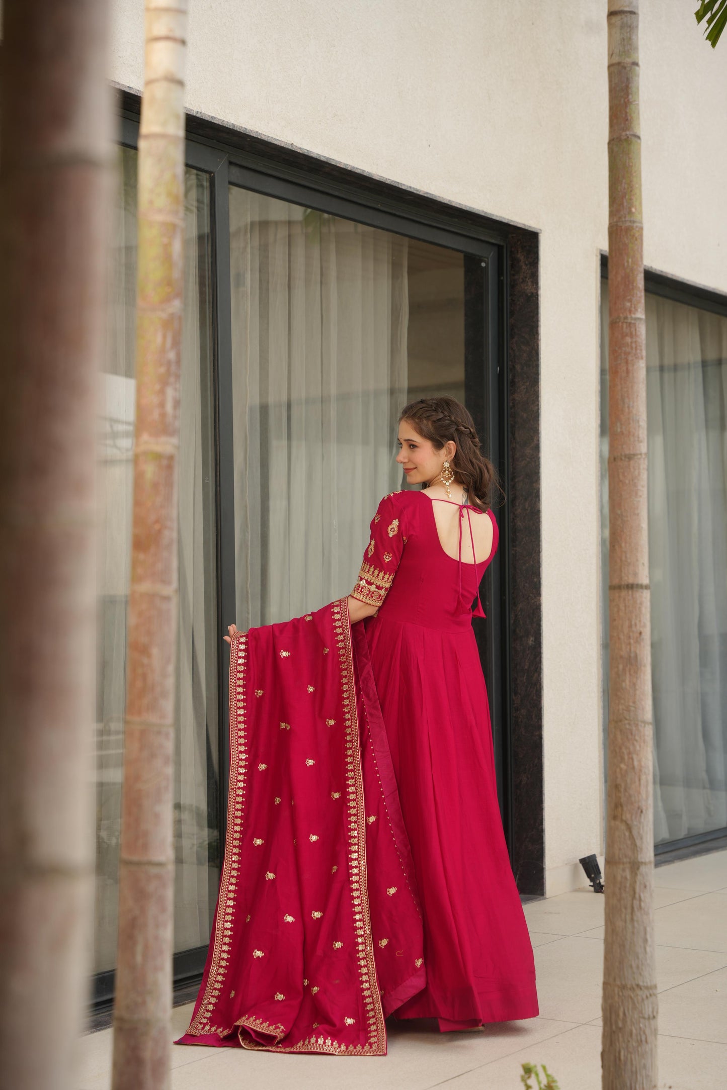 Pink color faux blooming gown with dupatta images