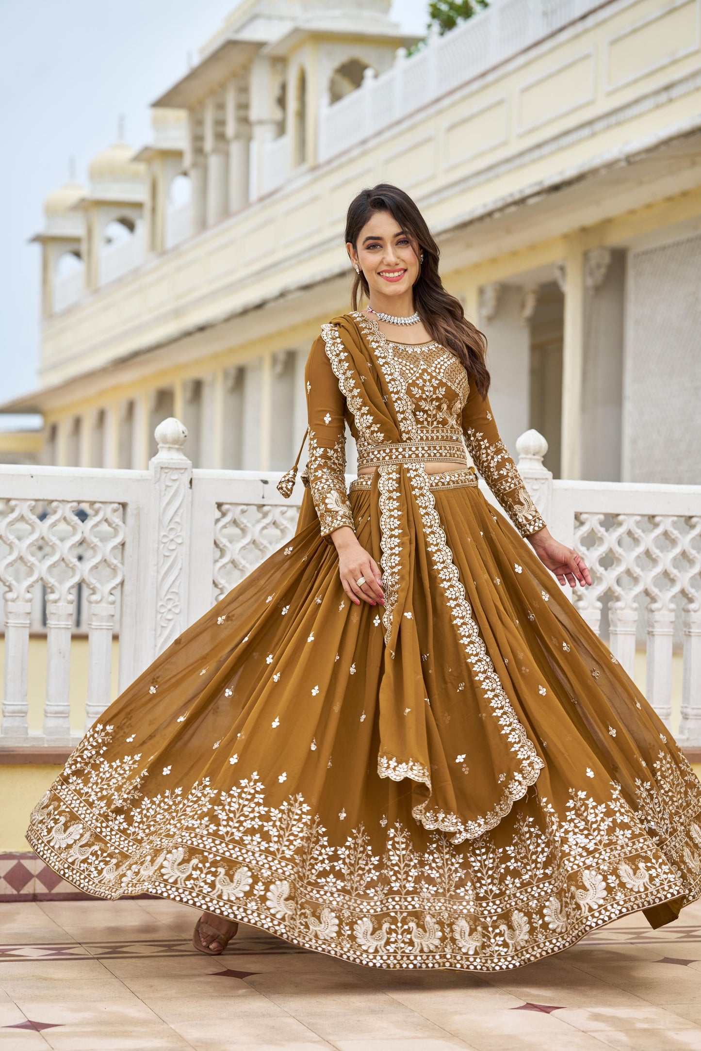 Mustard color georgette lehenga choli for women