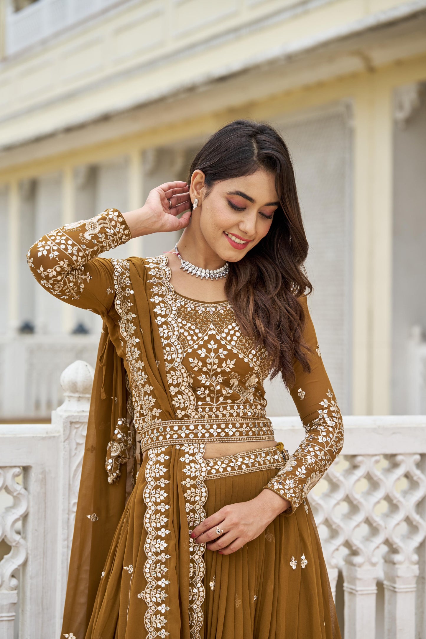 Mustard color georgette lehenga choli with dupatta
