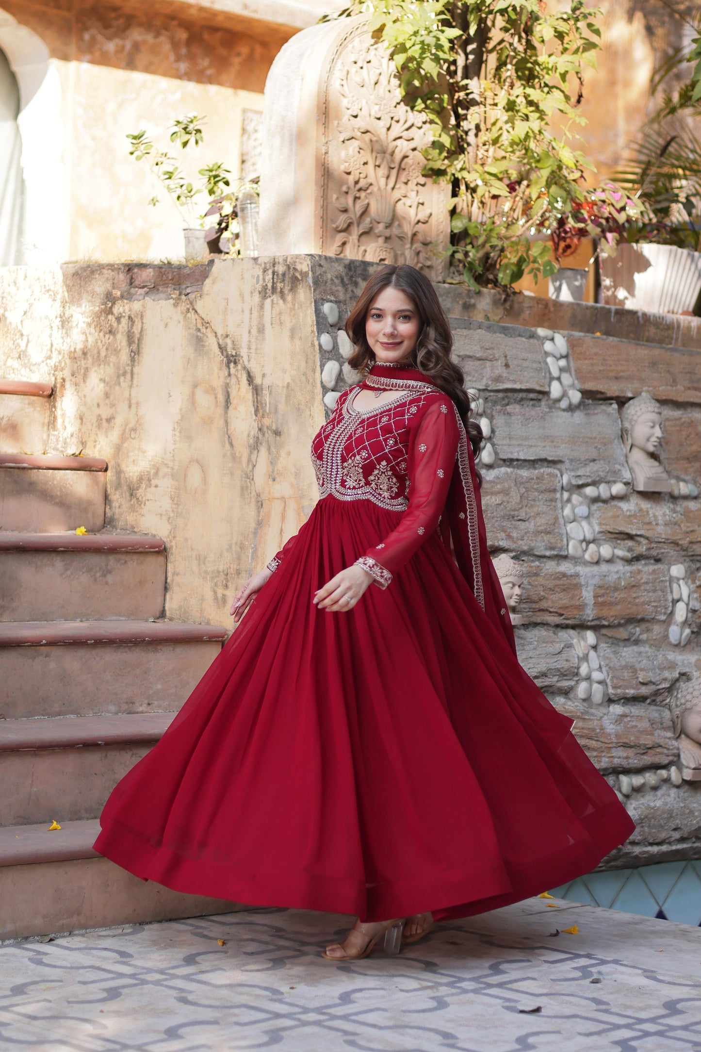 Red color faux blooming gown with dupatta