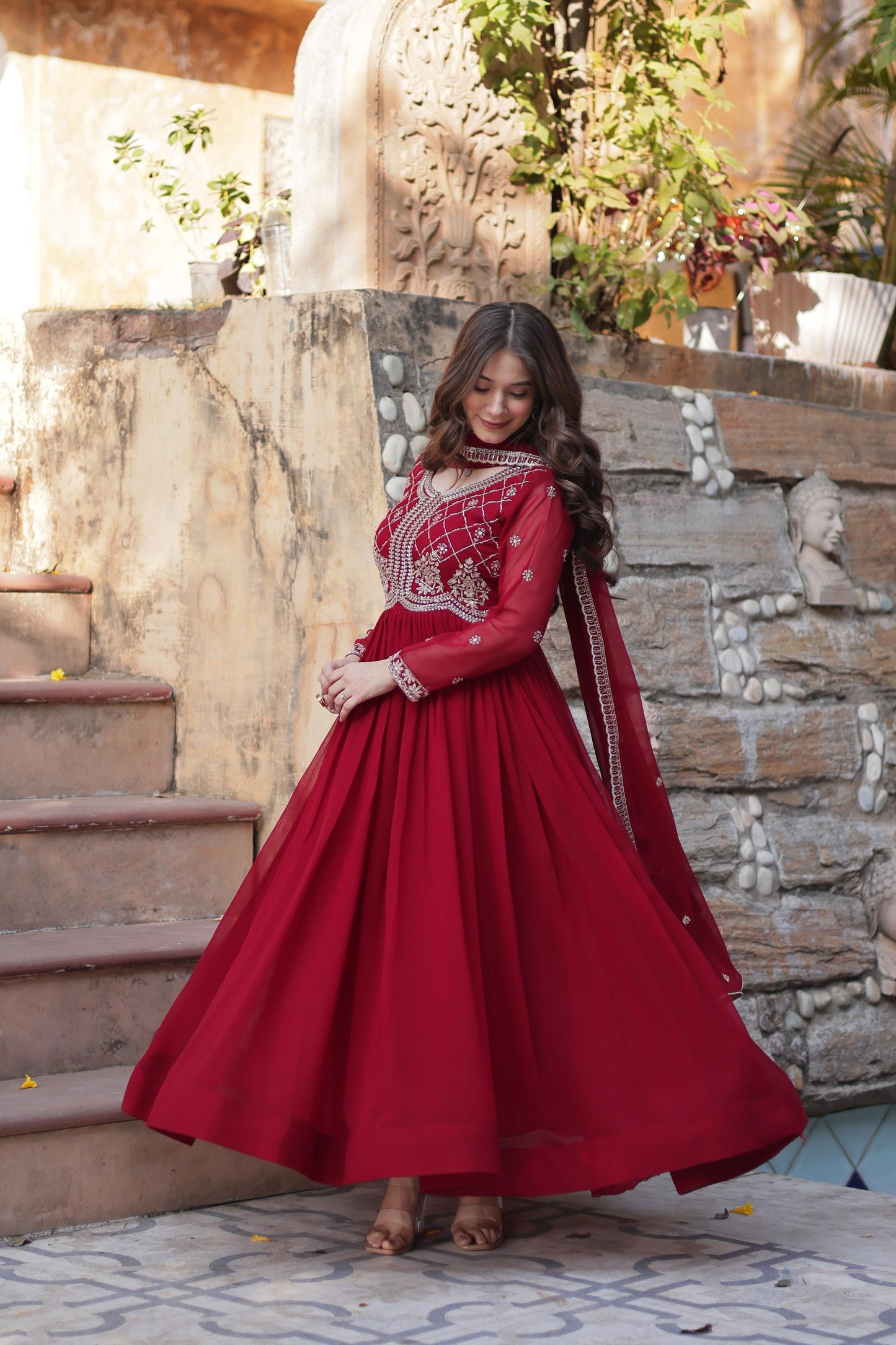 Red color faux blooming gown with dupatta online