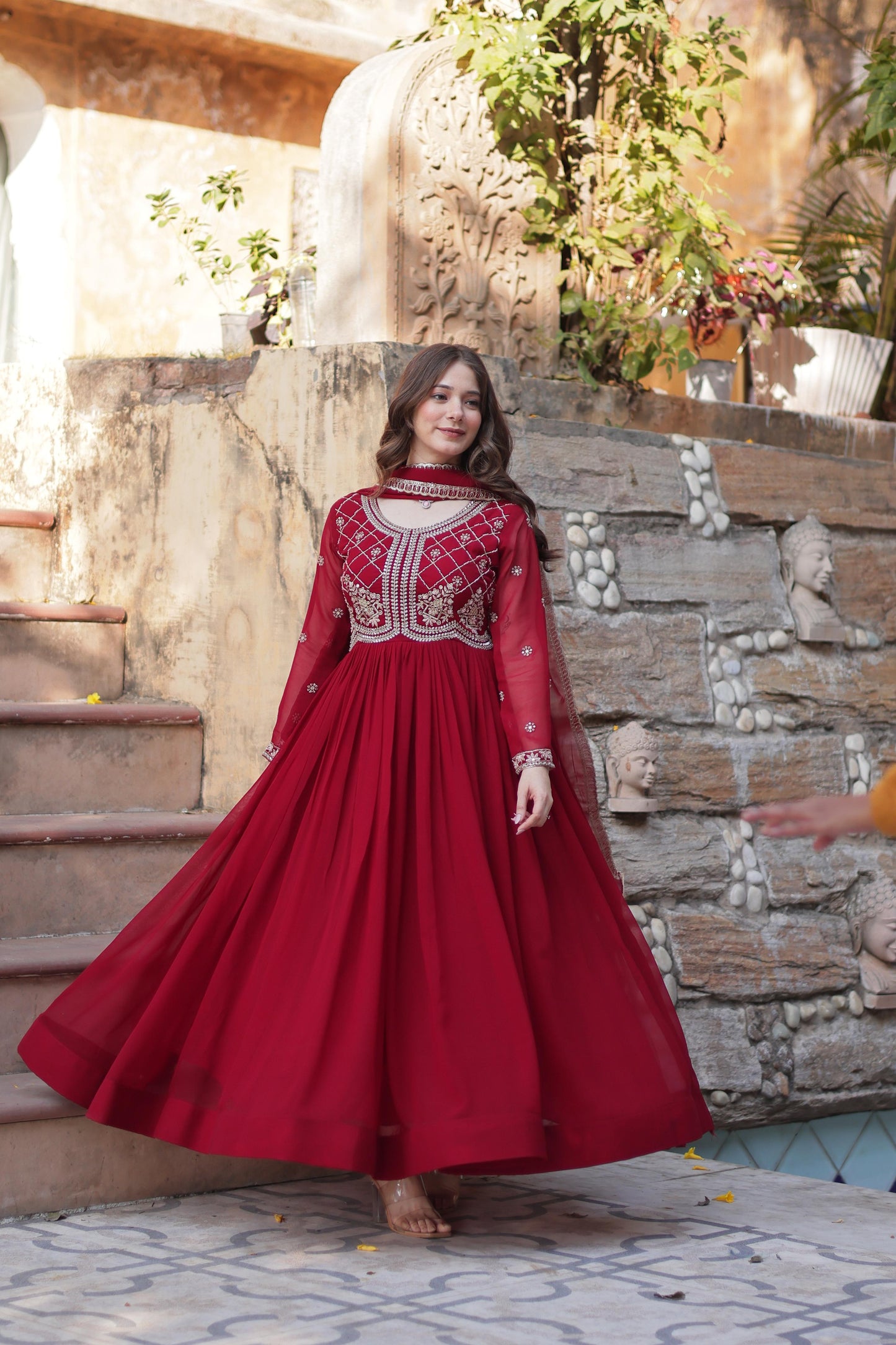 Red color faux blooming gown with dupatta price