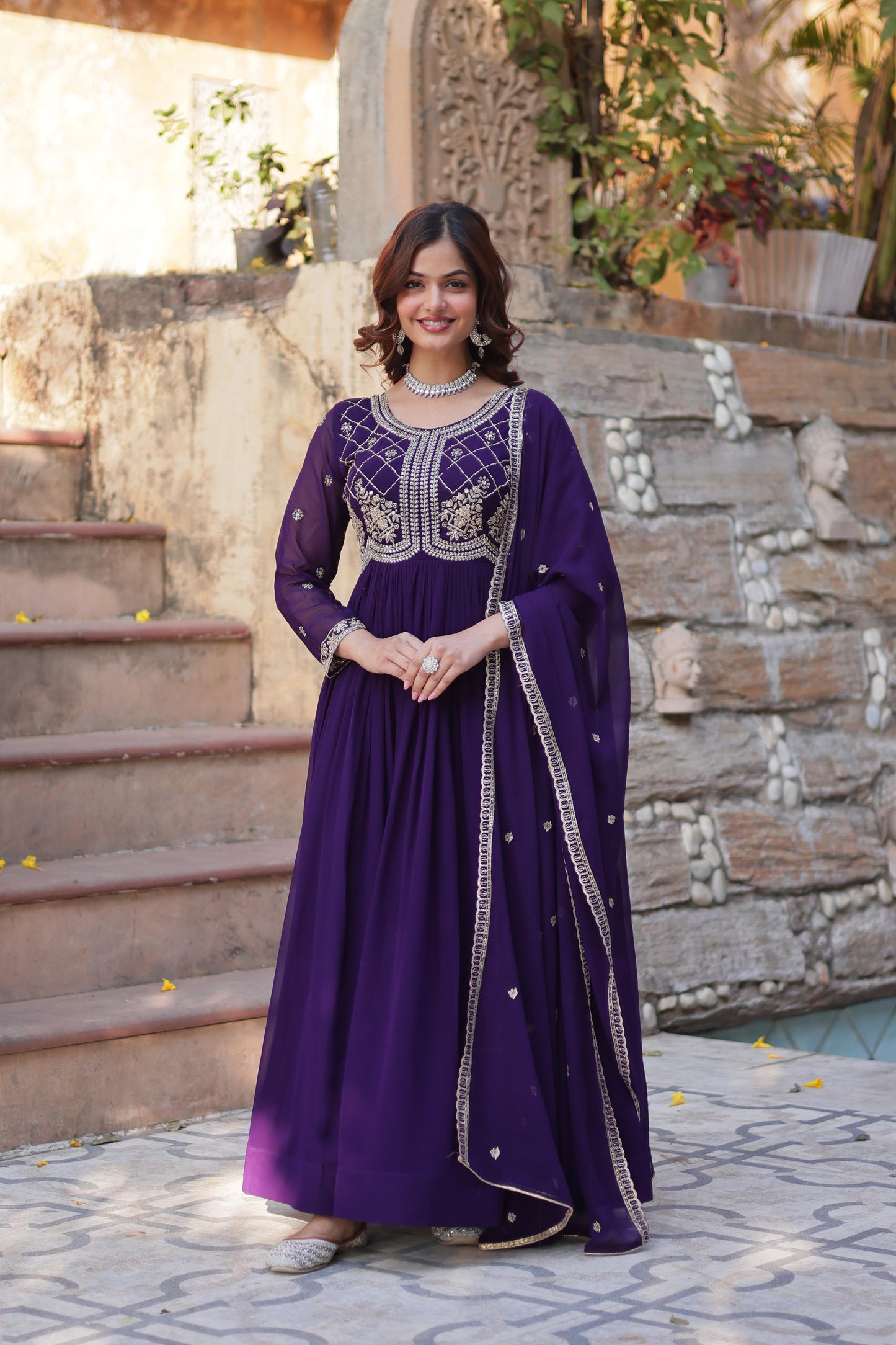 Purple color faux blooming gown for wedding