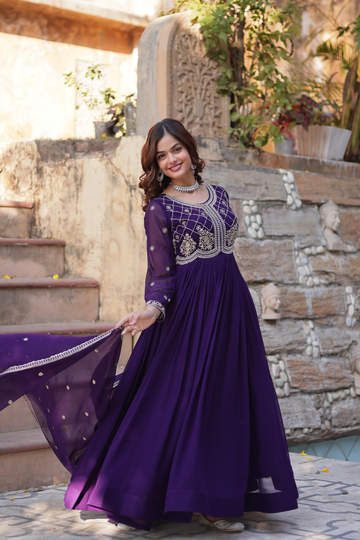 Purple color faux blooming gown with dupatta images