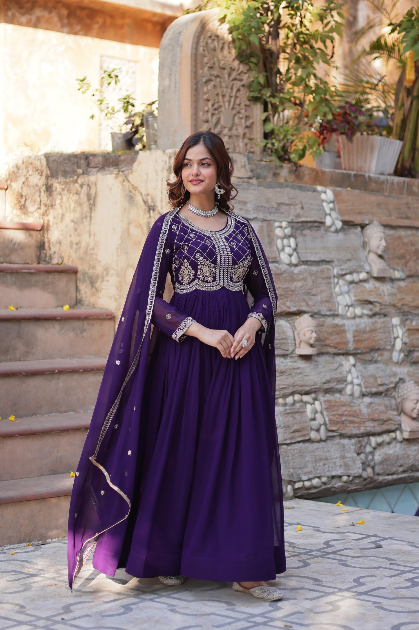 Purple color faux blooming gown with dupatta design