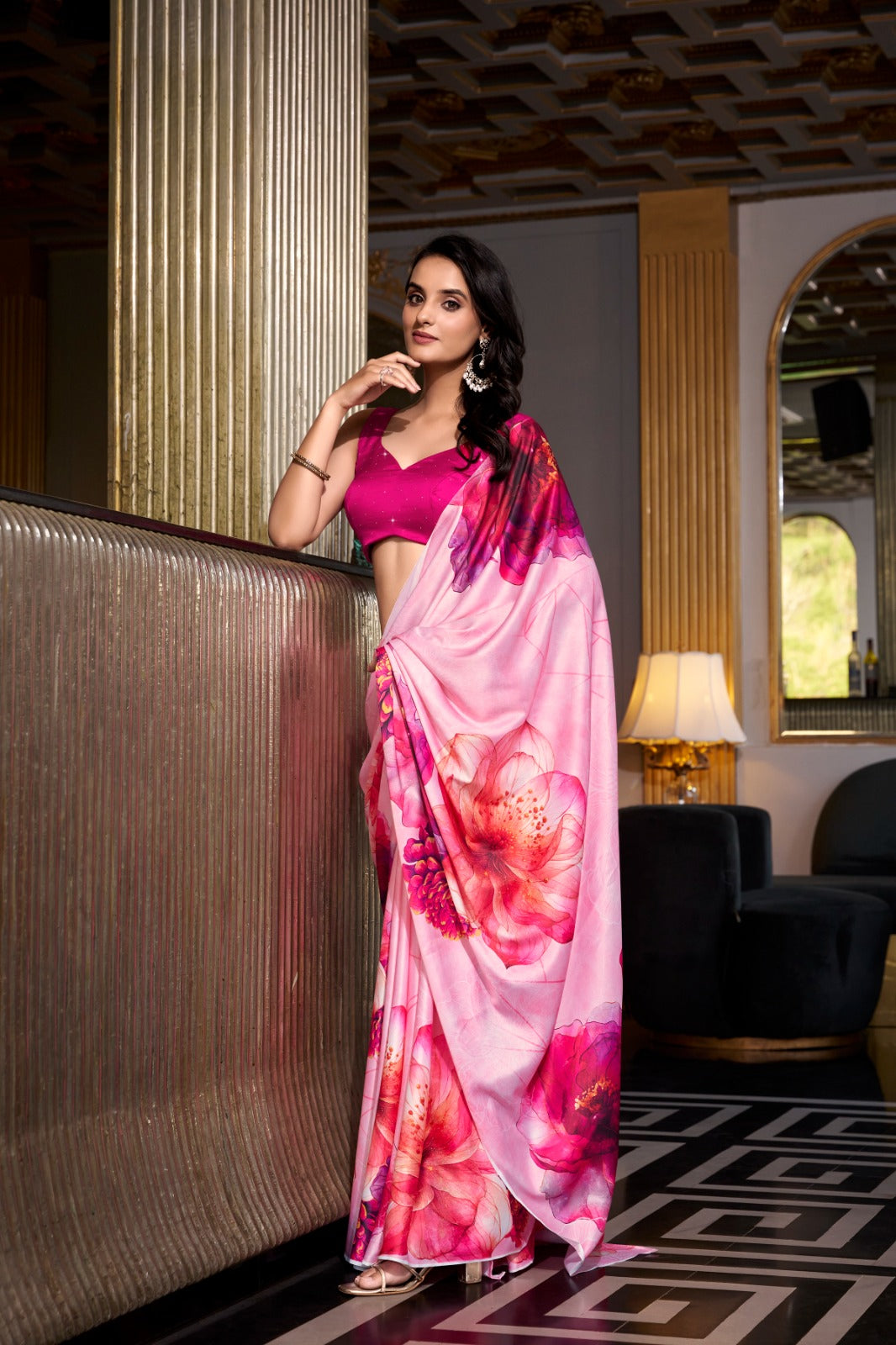 Light pink color satin silk saree for women