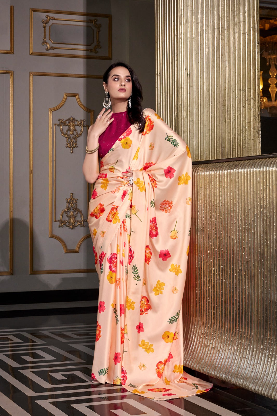 Cream color satin silk saree for party