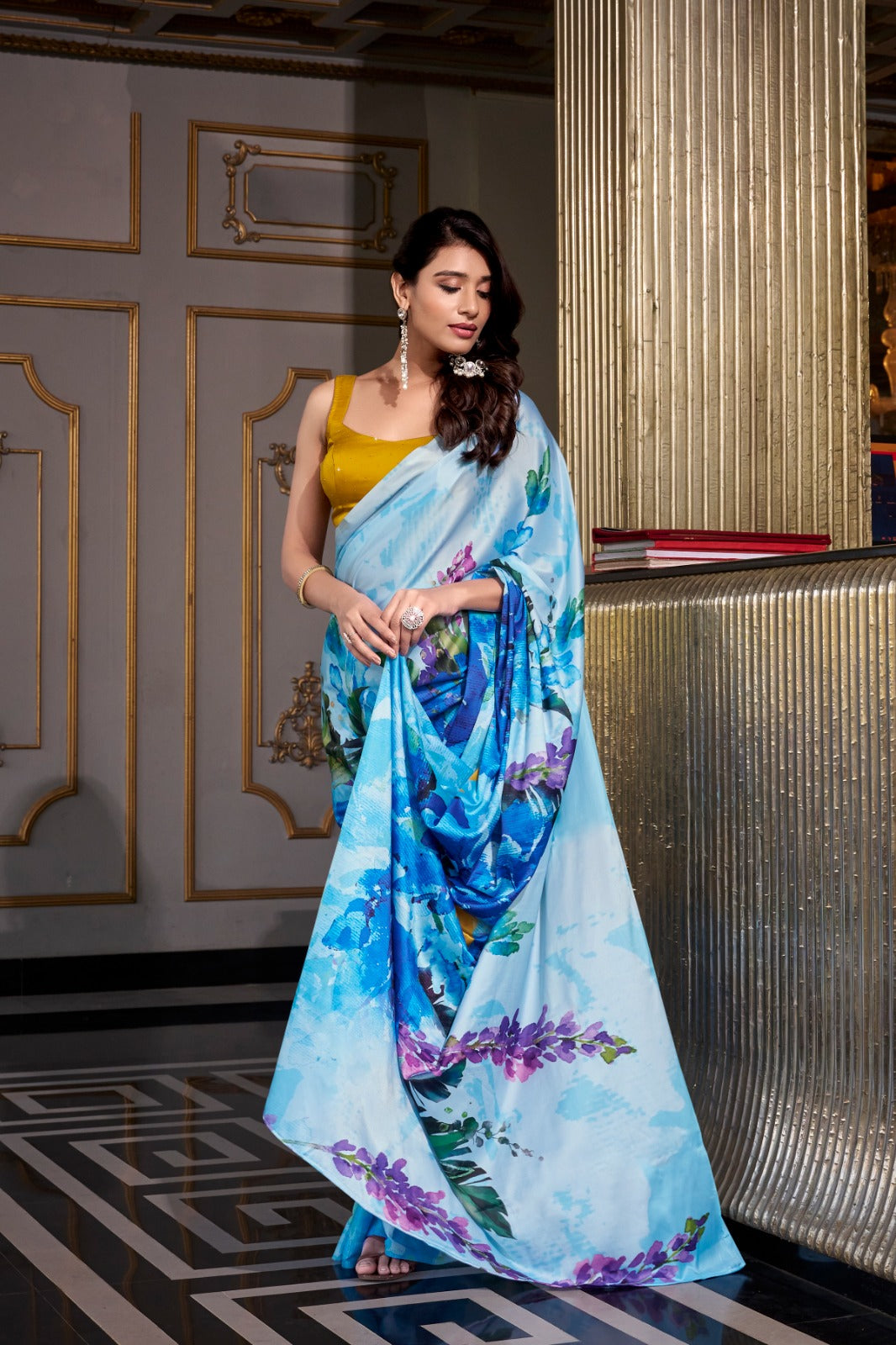 Sky color satin silk saree with blouse images