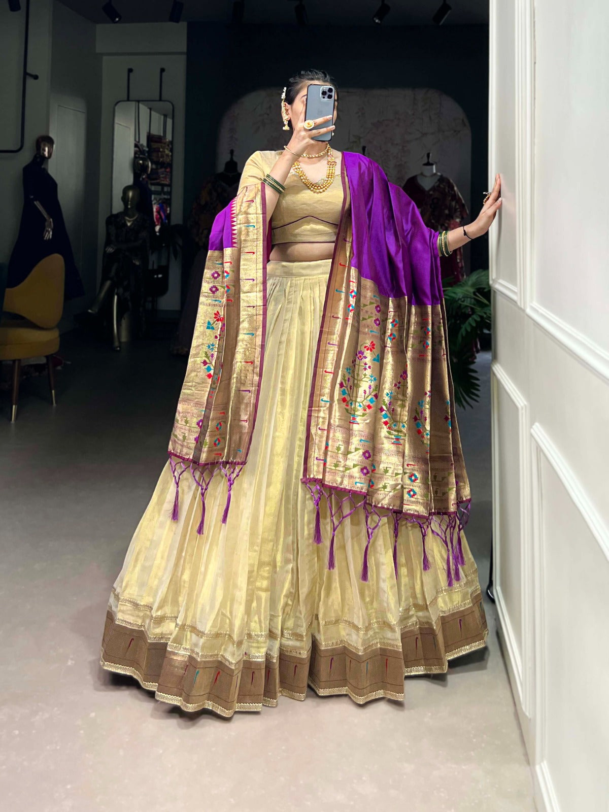 Beige color erode lehenga choli for women