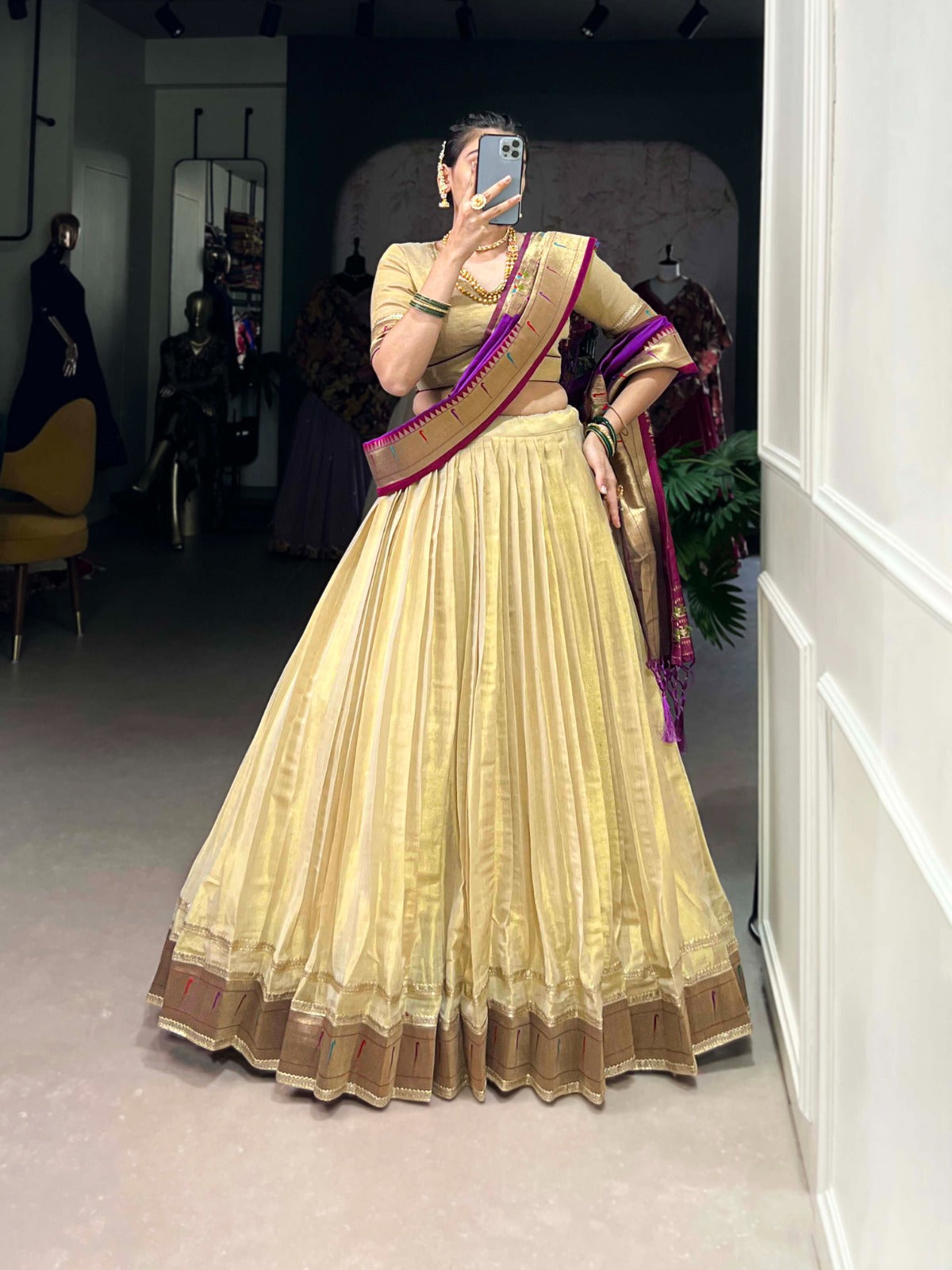 Beige color erode lehenga choli with dupatta images
