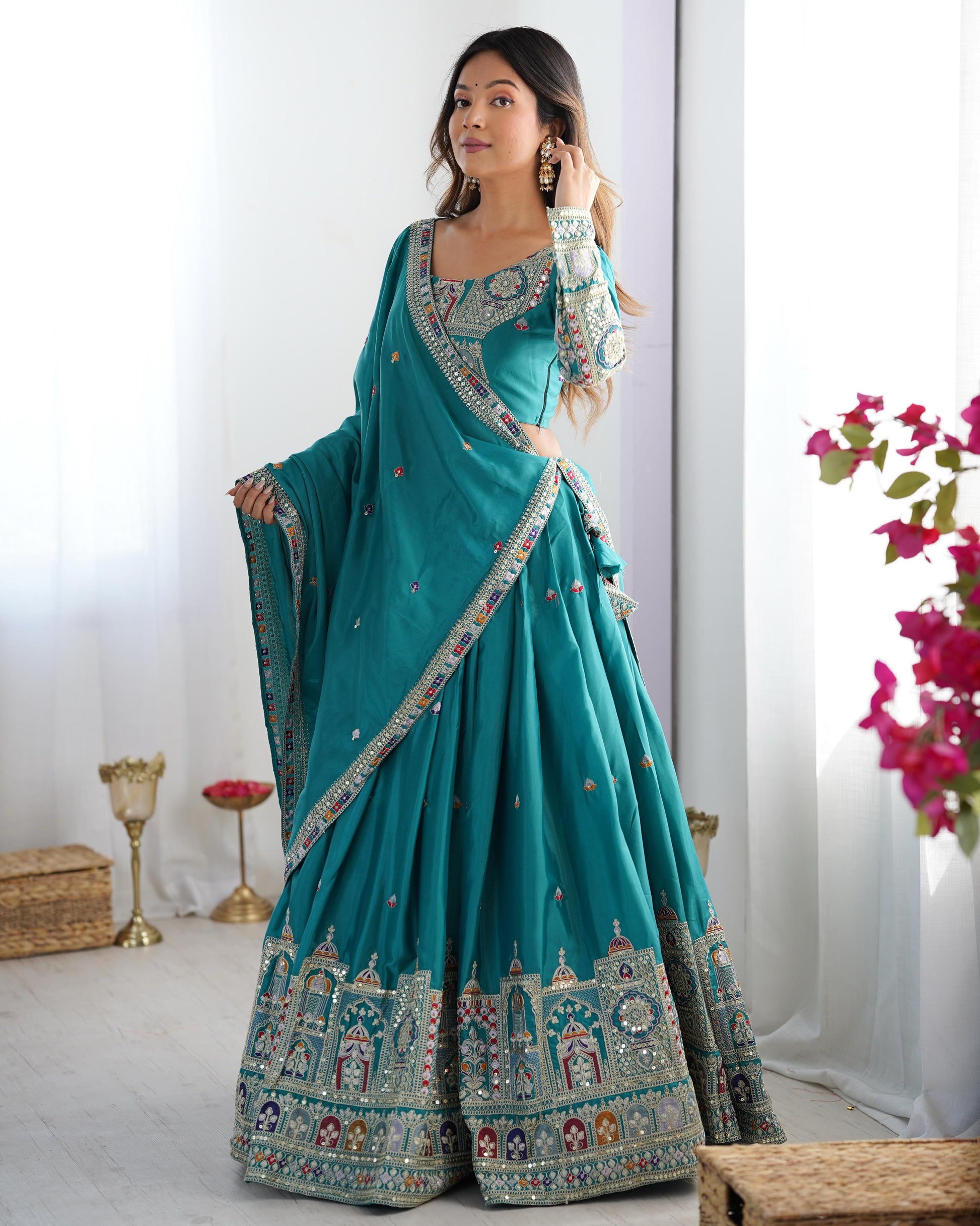 Rama color crepe silk lehenga choli with dupatta online shopping