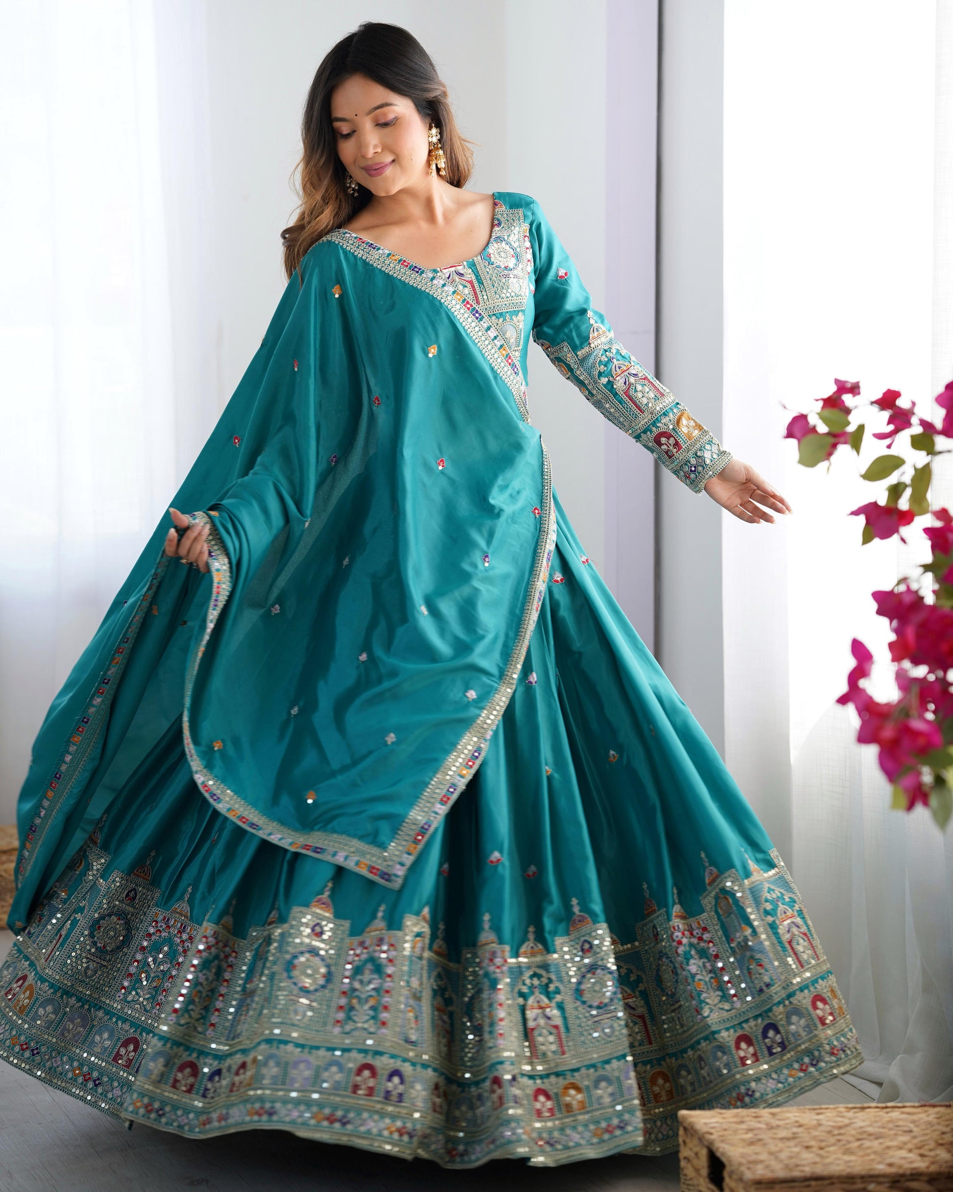 Rama color crepe silk lehenga choli with dupatta price