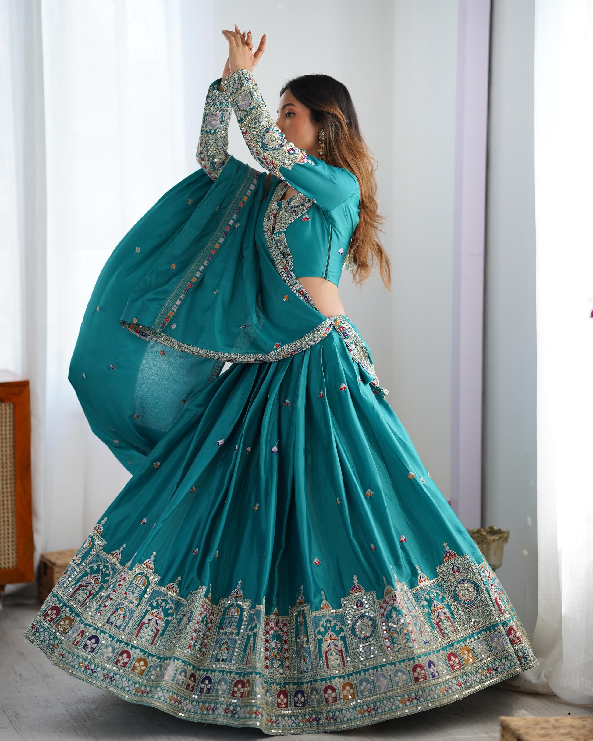 Rama color crepe silk lehenga choli images