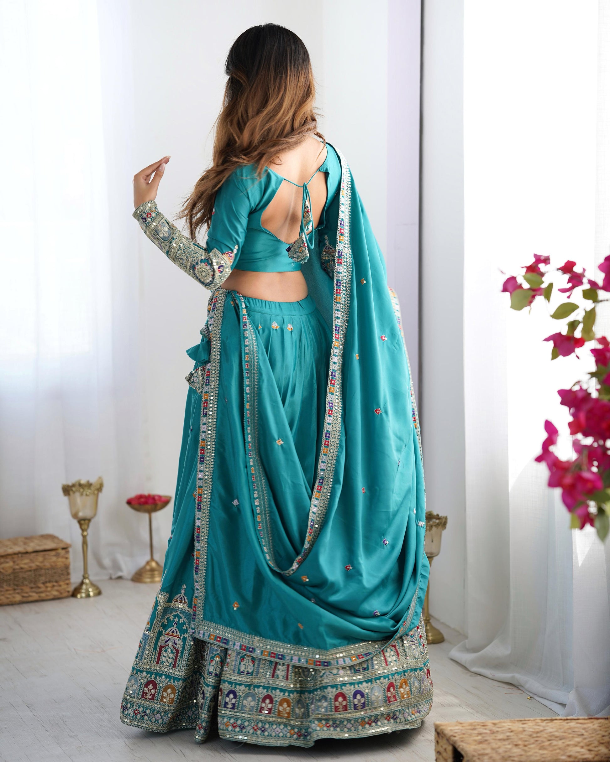 Rama color crepe silk lehenga choli for party