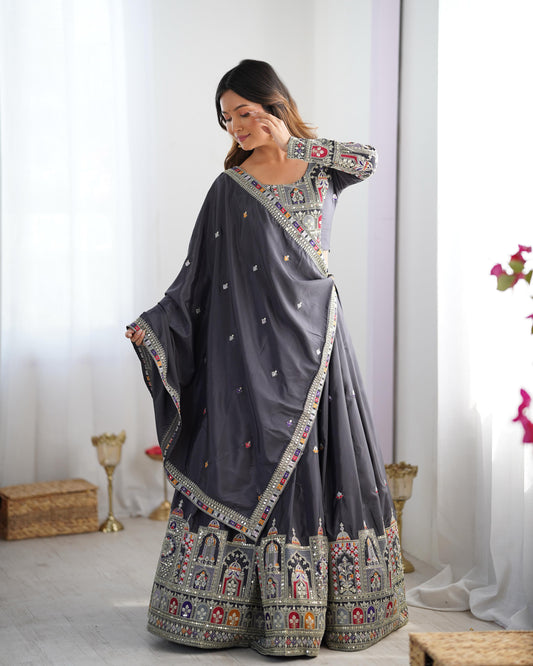 Grey color crepe silk lehenga choli for wedding