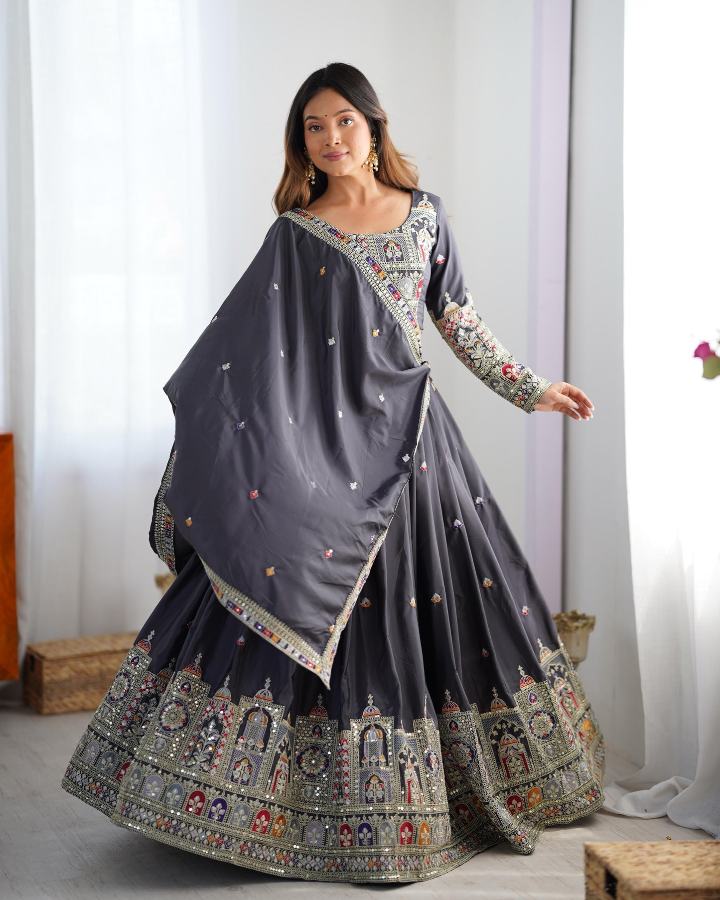 Grey color crepe silk lehenga choli for women
