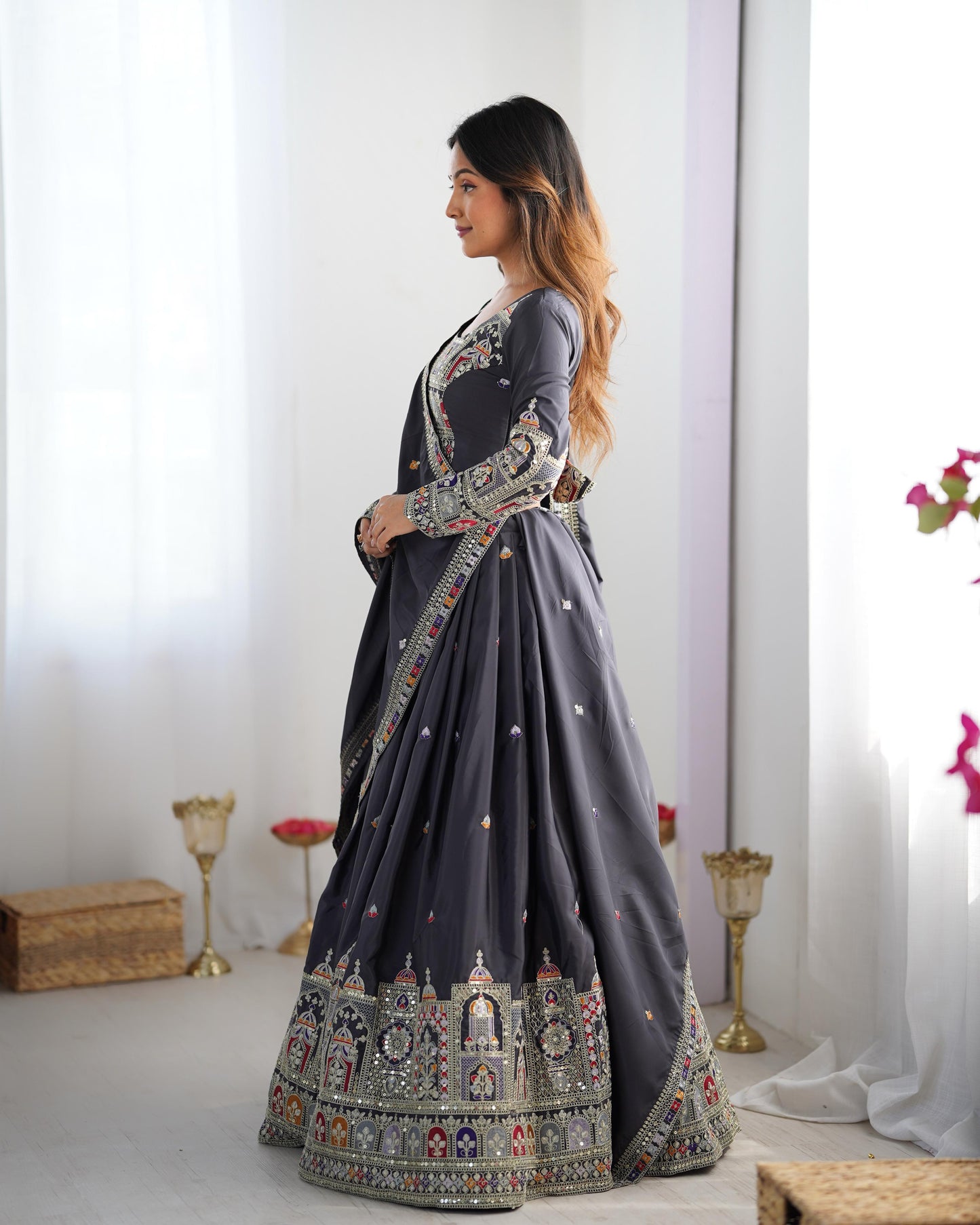 Grey color crepe silk lehenga choli with dupatta online shopping