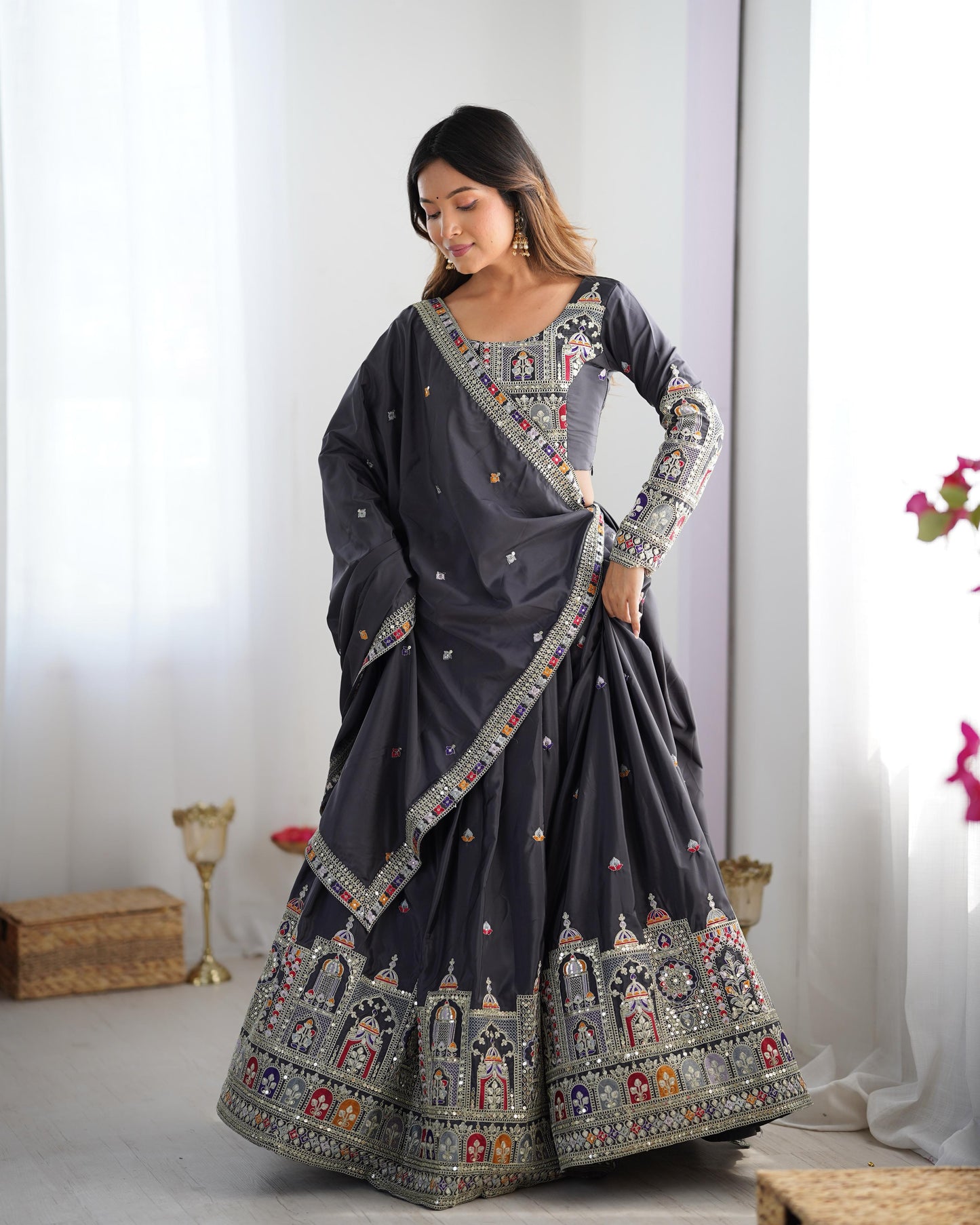Grey color crepe silk lehenga choli with dupatta price