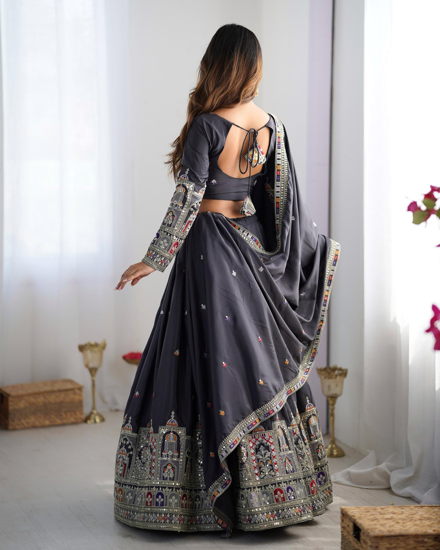 Grey color crepe silk lehenga choli with dupatta images