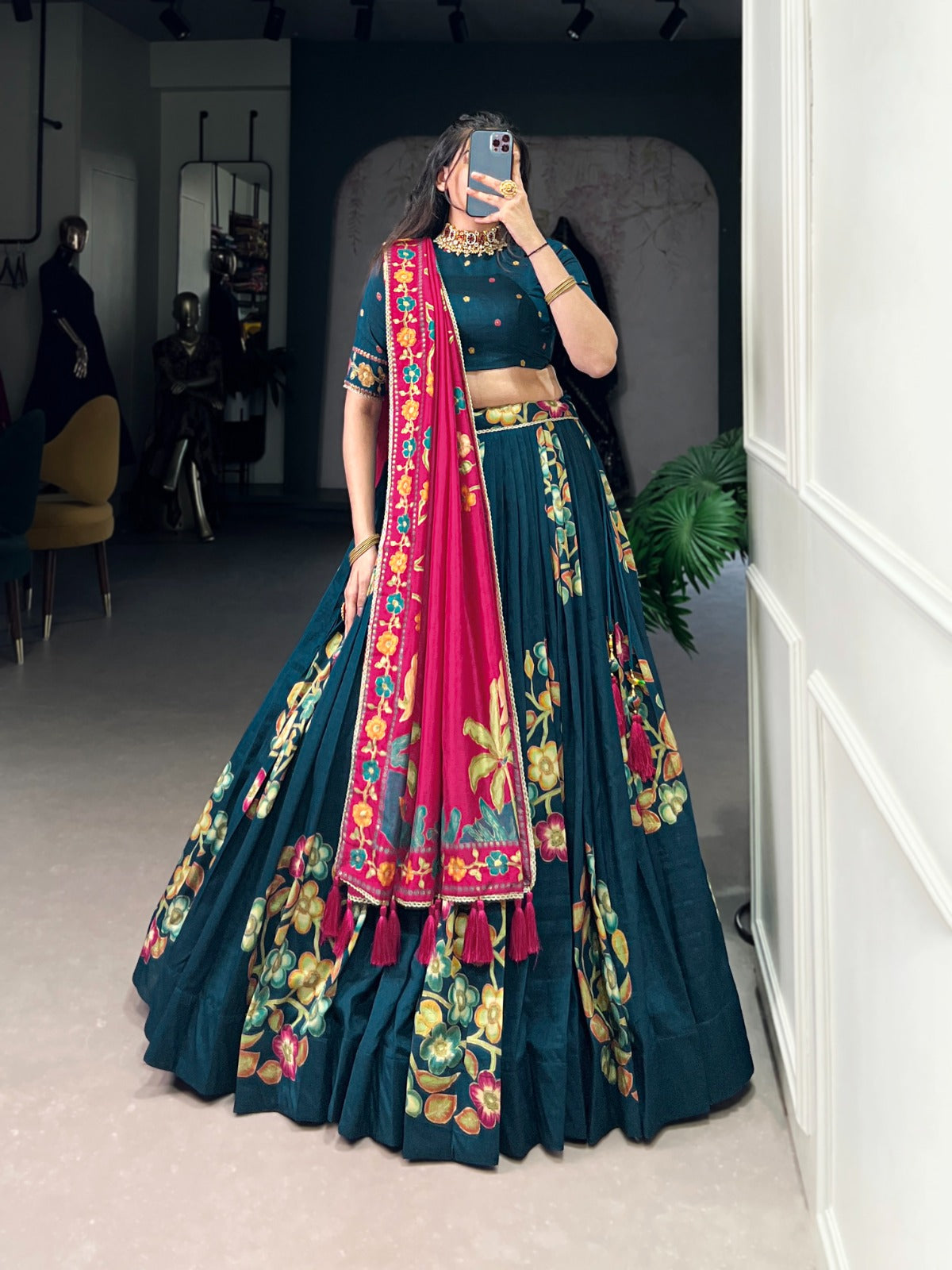 Peacock blue color tussar silk lehenga choli for women