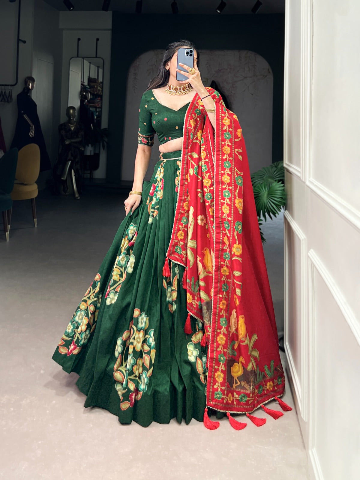 Green color tussar silk lehenga choli for women