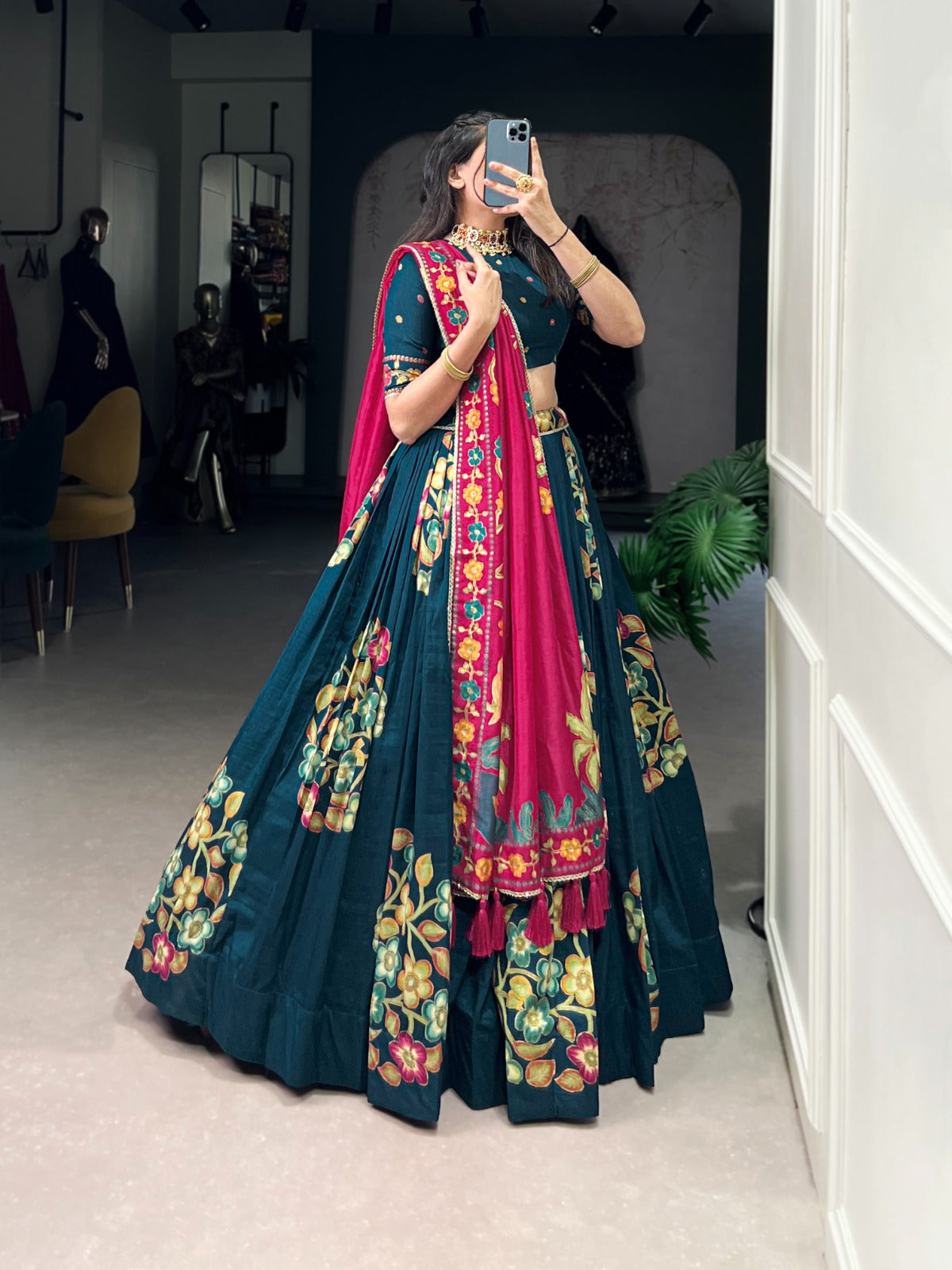 Peacock blue color tussar silk lehenga choli with dupatta