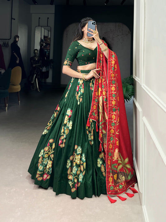 Green color tussar silk lehenga choli for wedding