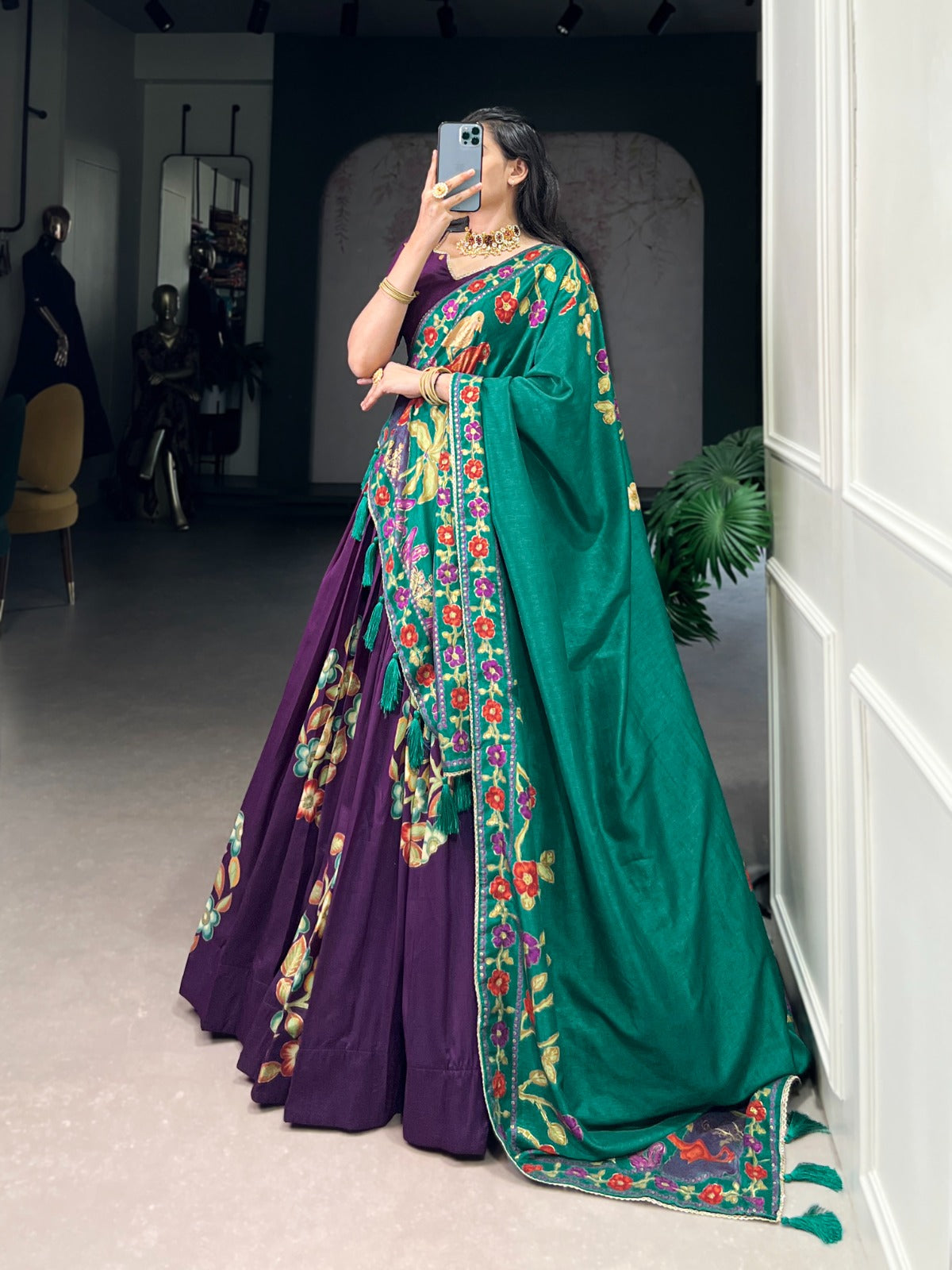 Purple color tussar silk lehenga choli with dupatta online