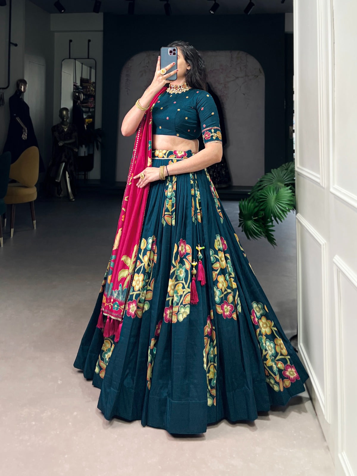 Peacock blue color tussar silk lehenga choli with price