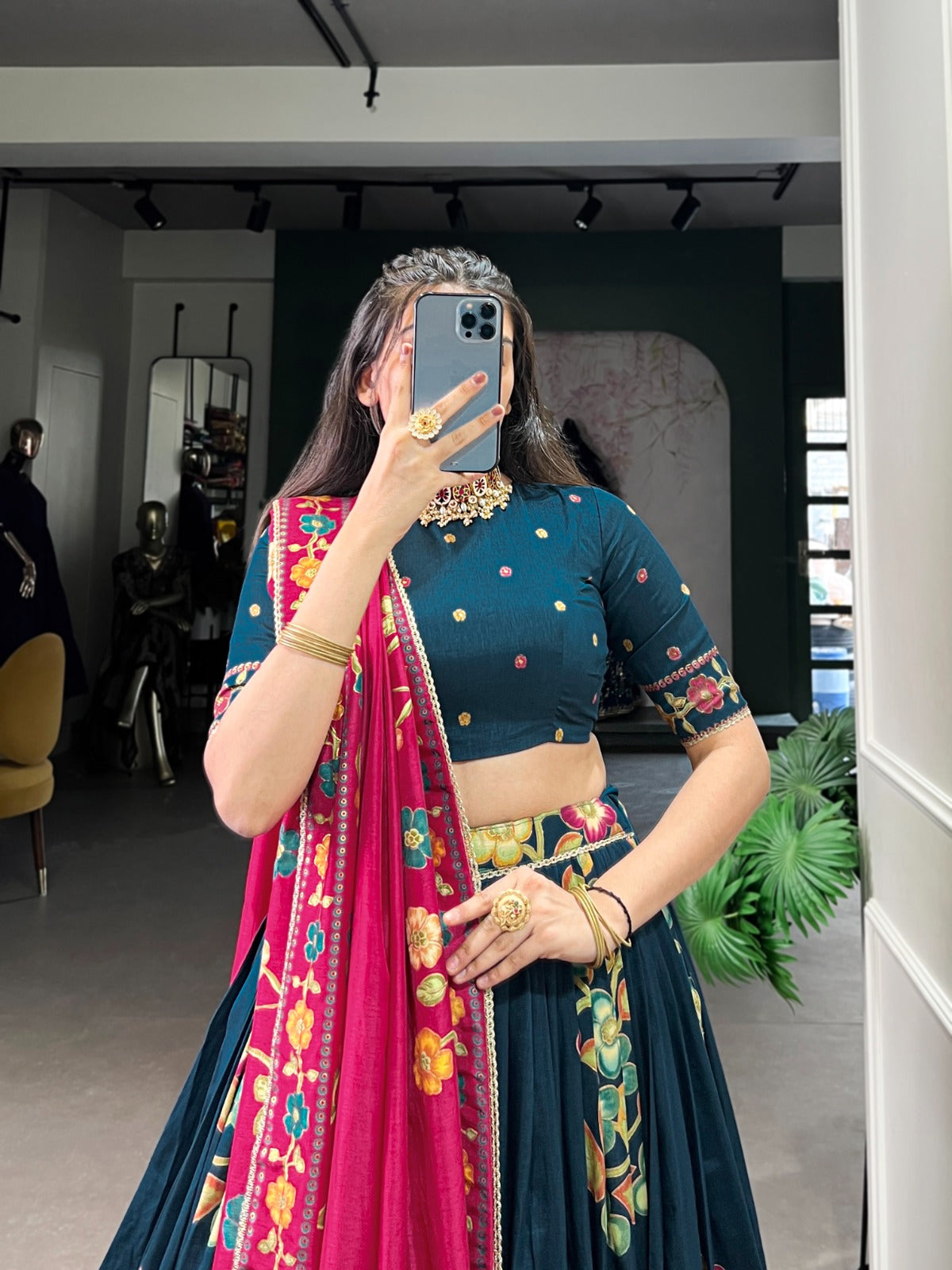 Peacock blue color tussar silk lehenga choli with dupatta images