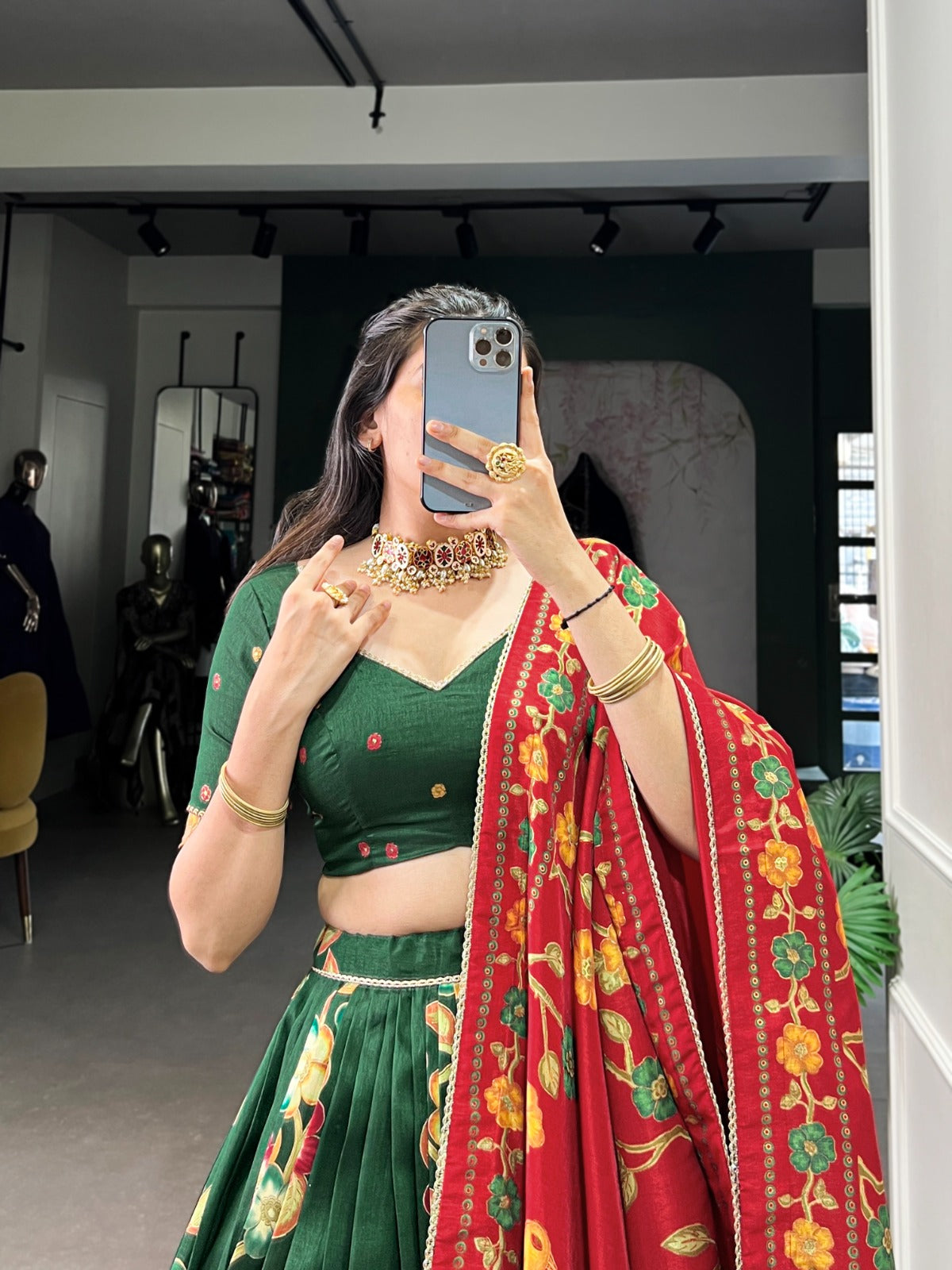 Green color tussar silk lehenga choli for women images