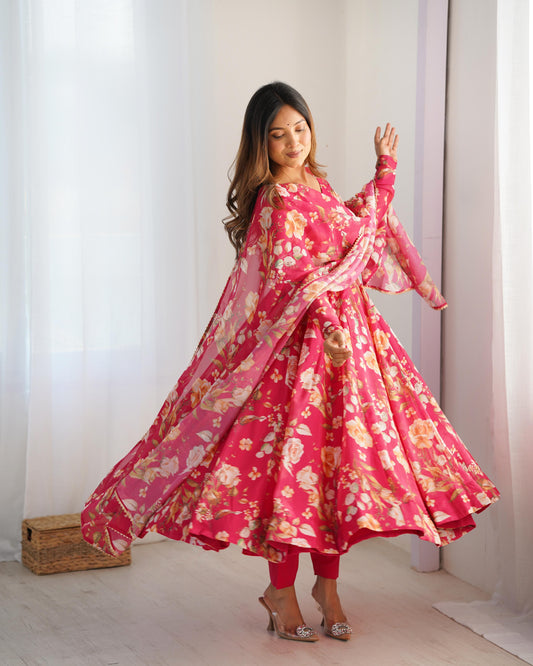 Pink color organza silk printed salwar suit