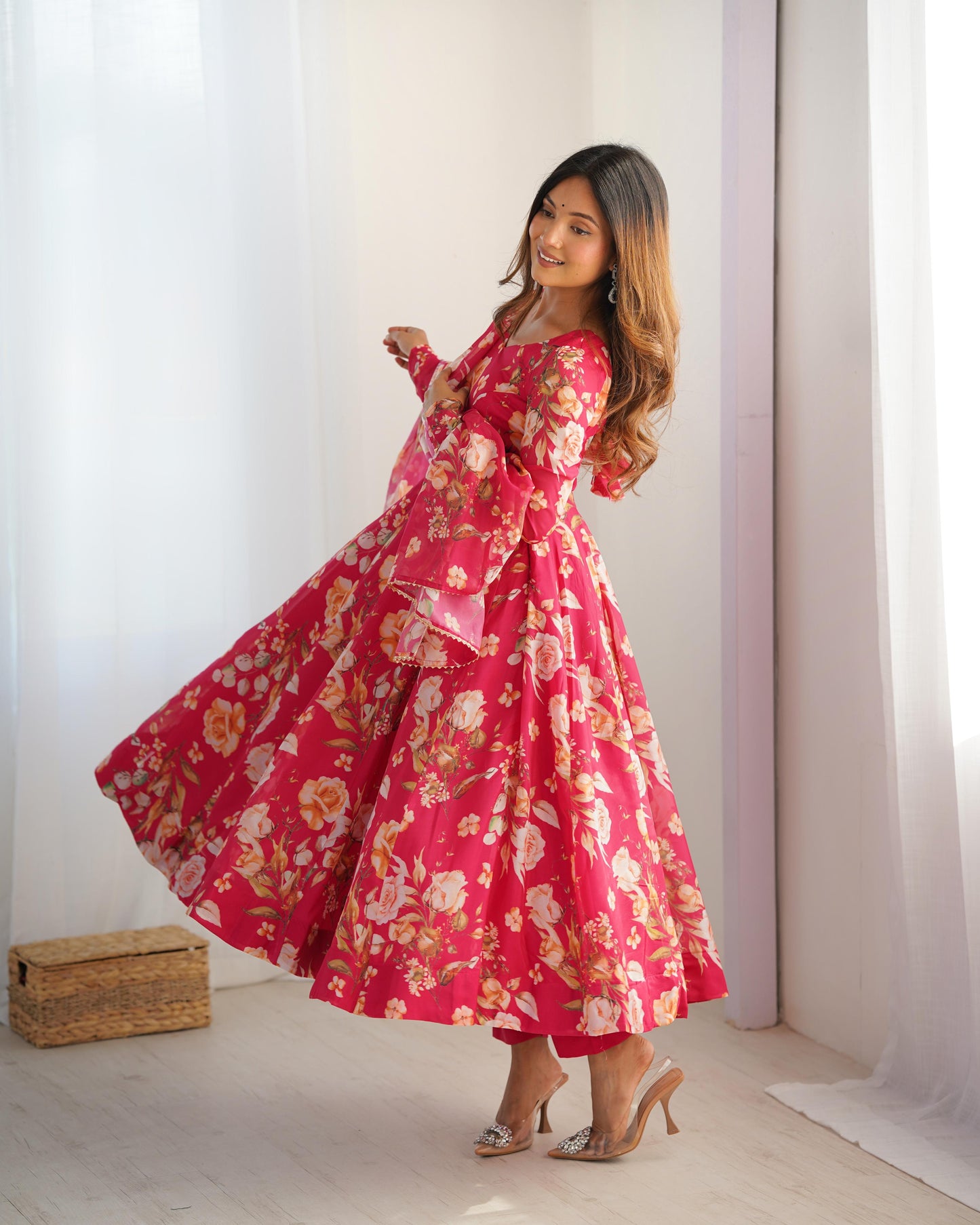 Pink color organza silk printed salwar suit with online