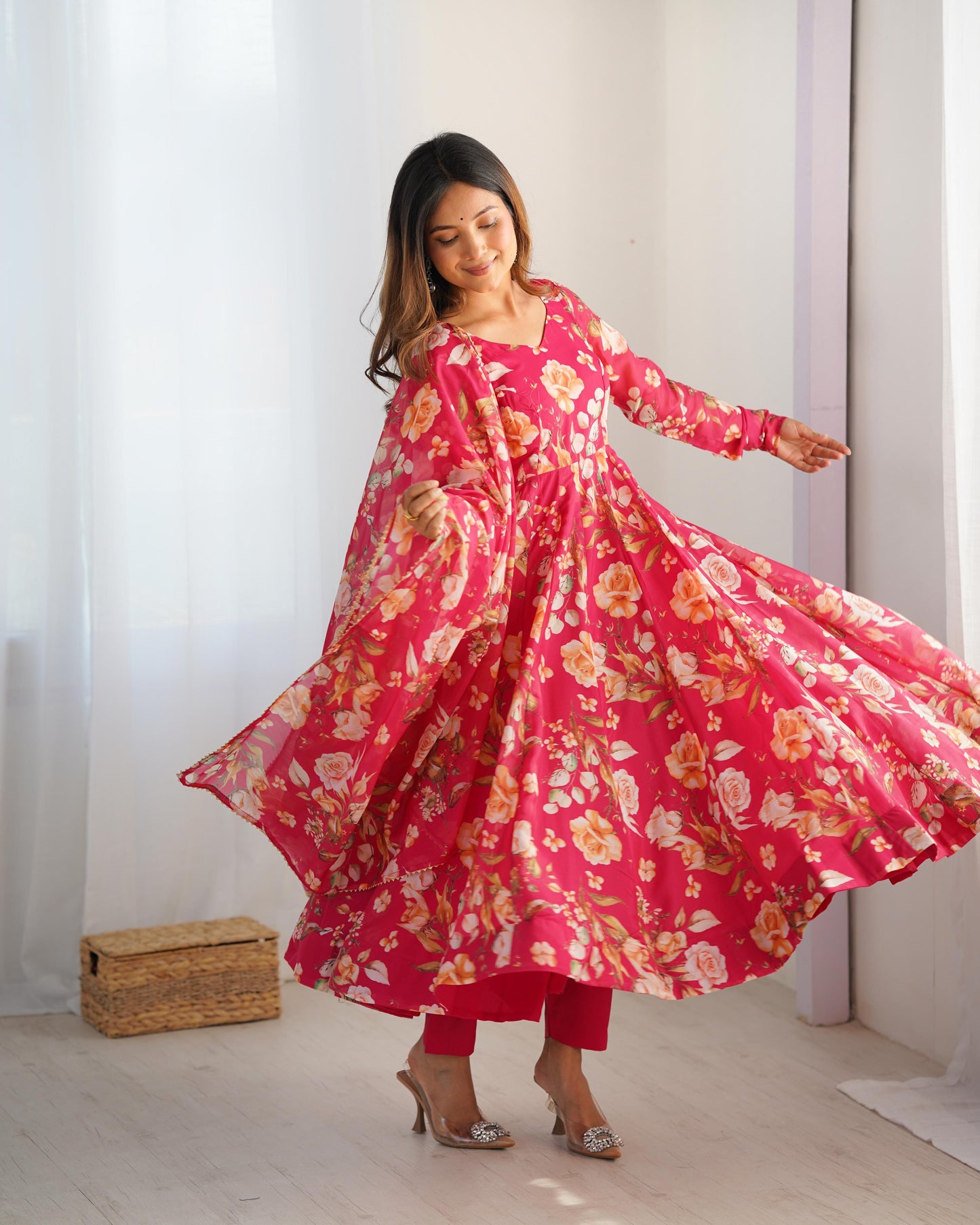 Pink color organza silk printed salwar suit with price