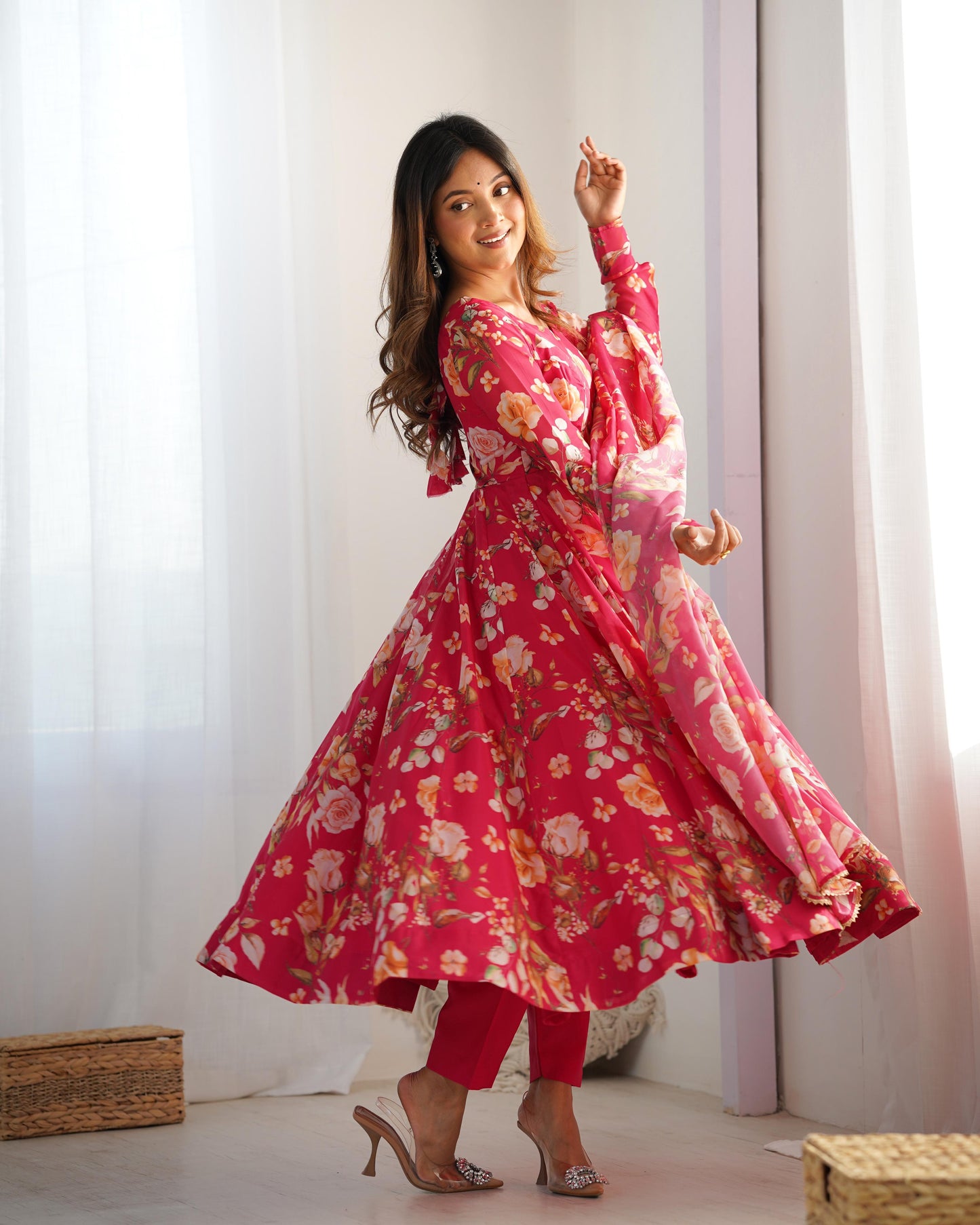 Pink color organza silk printed salwar suit online shopping