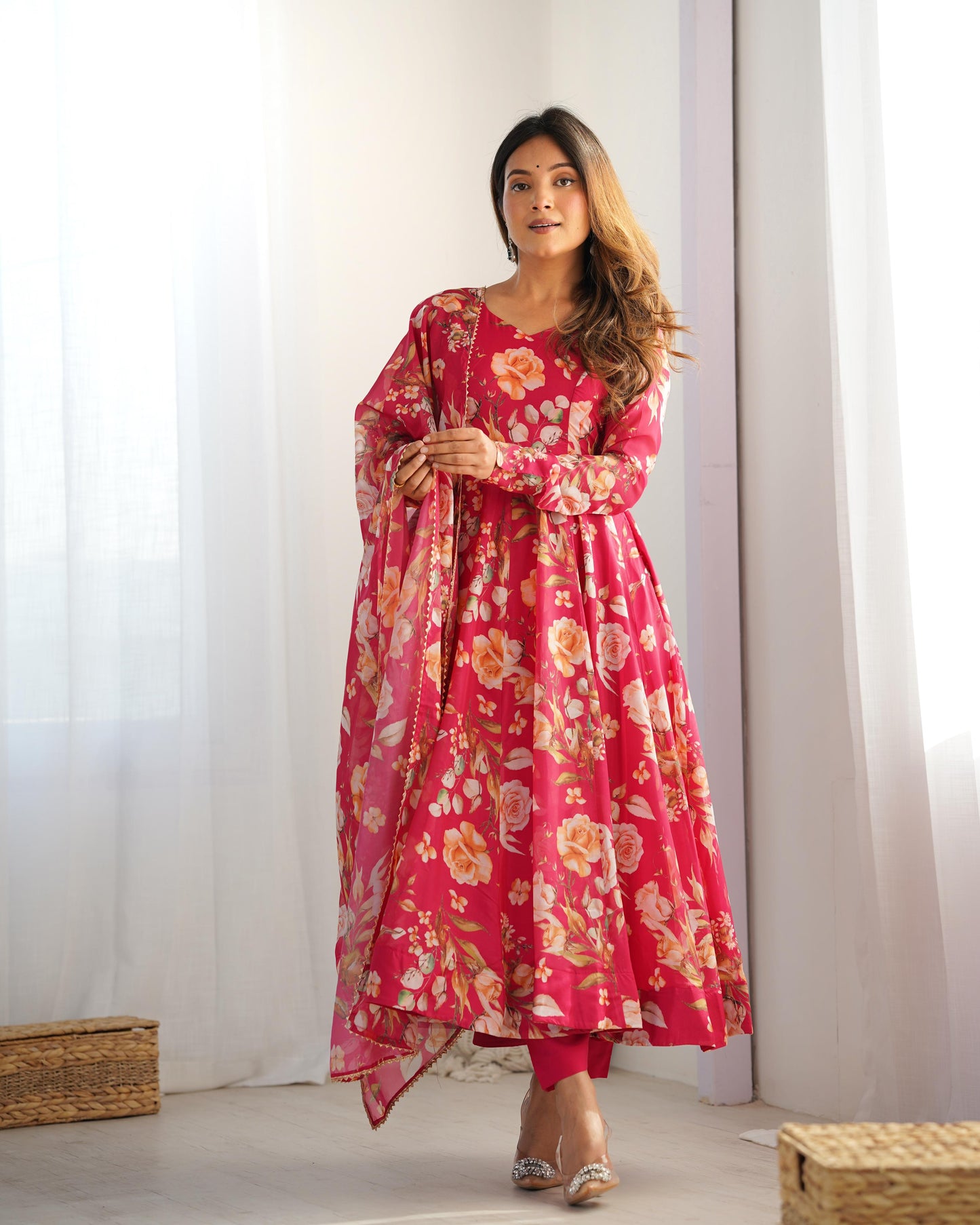 Pink color organza silk printed salwar suit with images